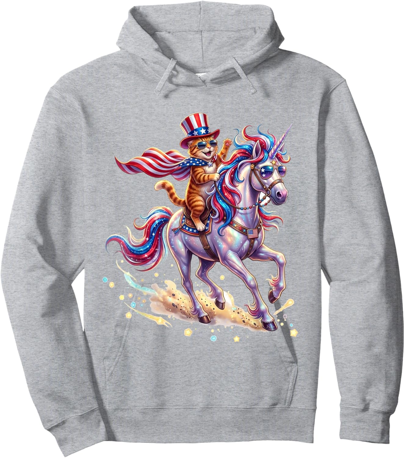Cat Riding Unicorn USA Flag Patriotic 4th of July Hoodie - Hoodie | Ash