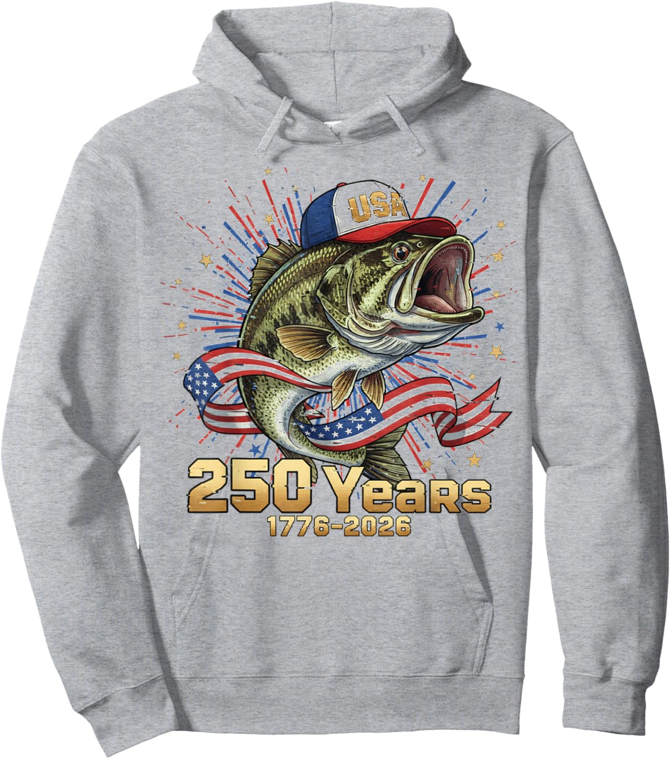250 America 1776 2026 Bass Fishing USA Flag 250th Birthday Hoodie - Hoodie | Ash