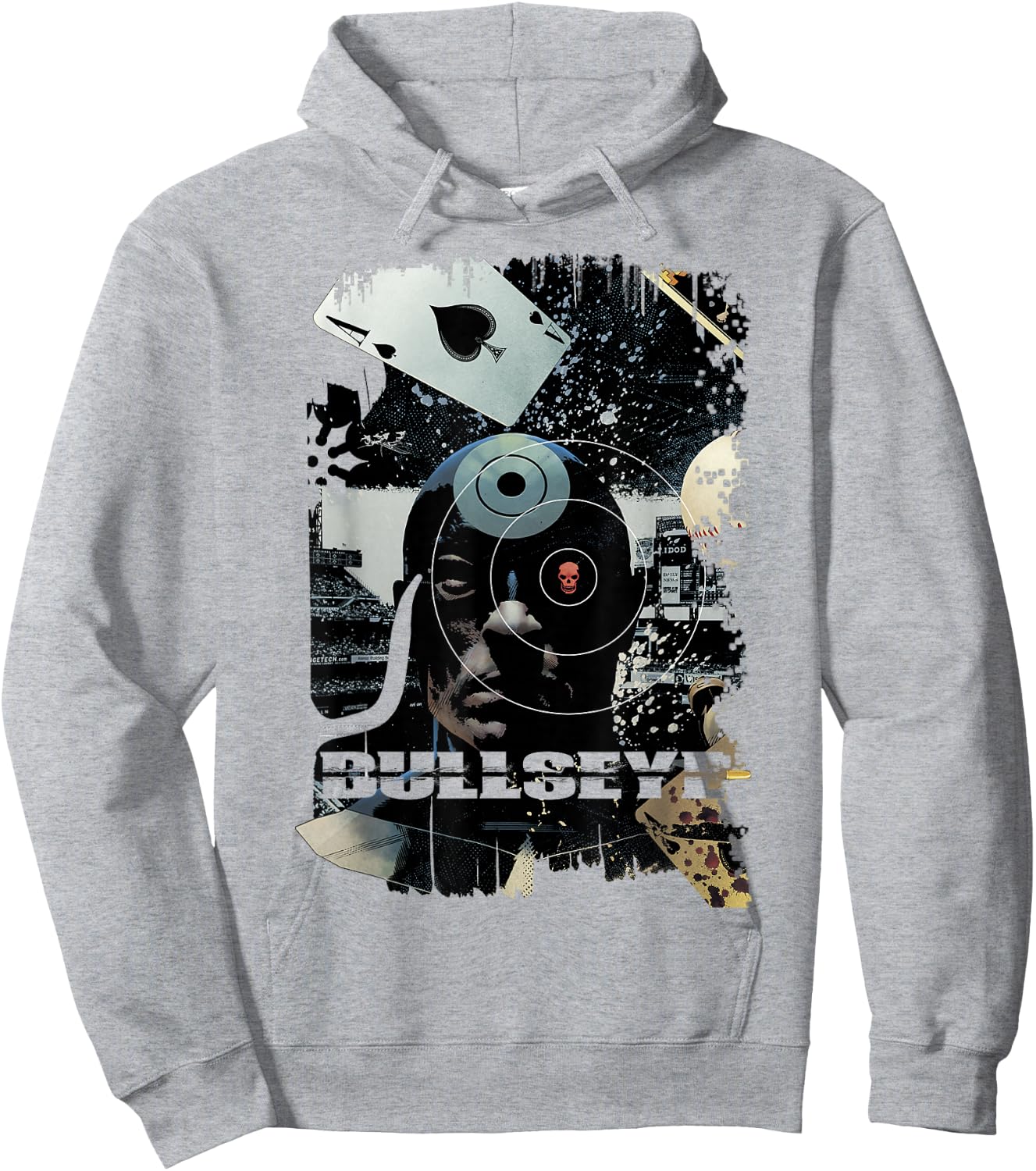 Marvel Bullseye Grunge Ace of Spades Mugshot Graphic Hoodie - Hoodie | Ash