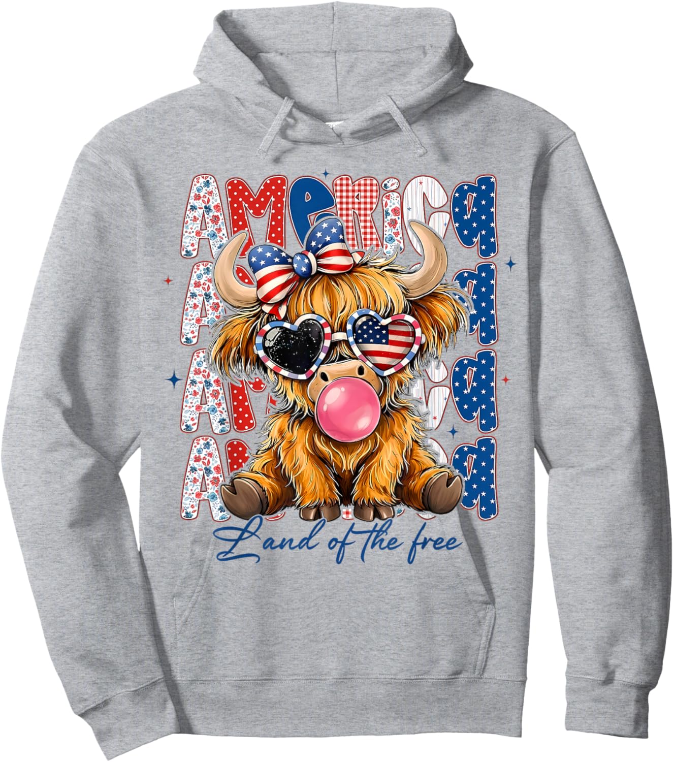 Highland Cow 4th July American Flag Coquette Bow Floral Hoodie - Hoodie | Ash