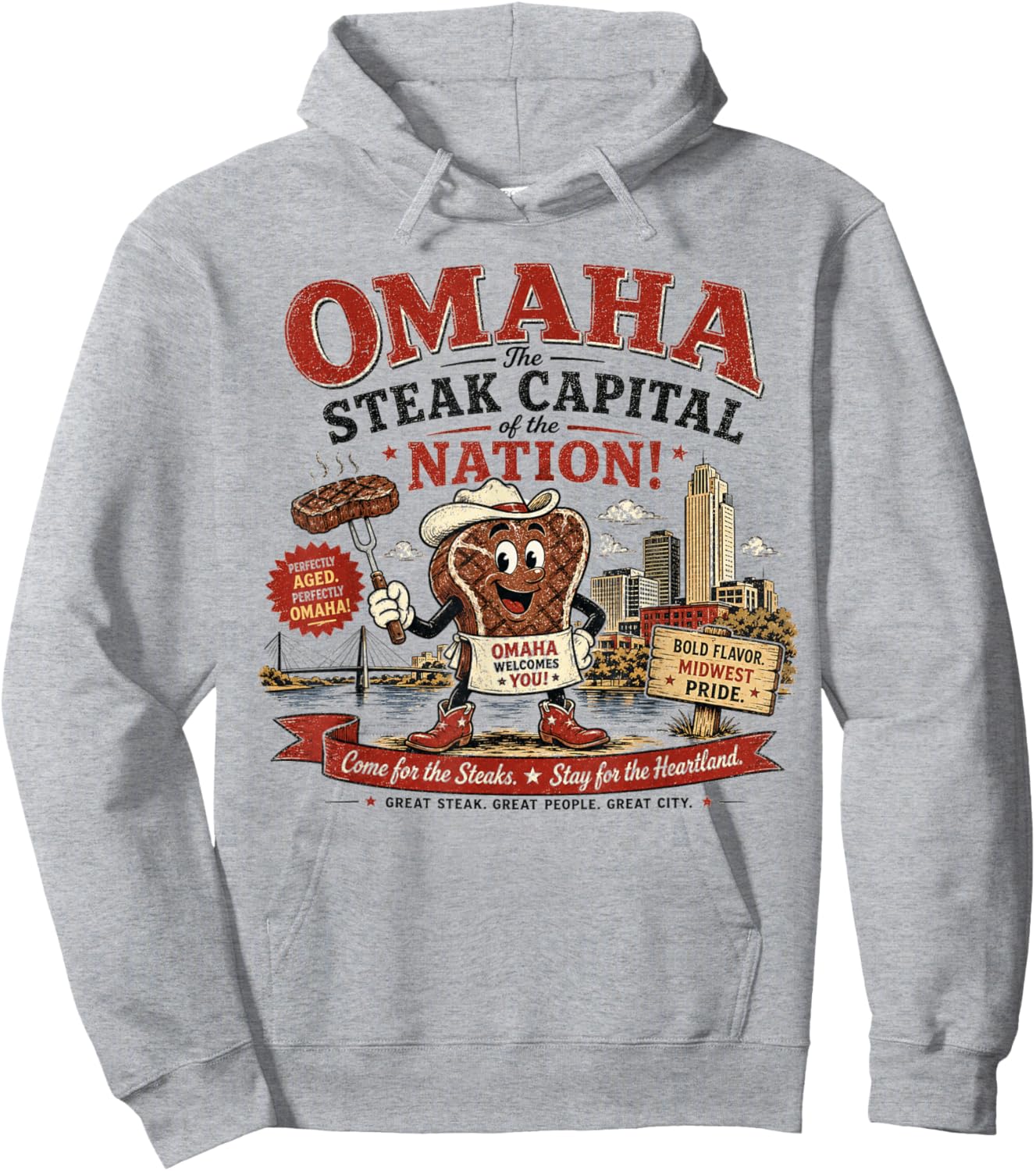 Omaha Nebraska Steak Capital - Vintage Cowboy Steak Hoodie - Hoodie | Ash