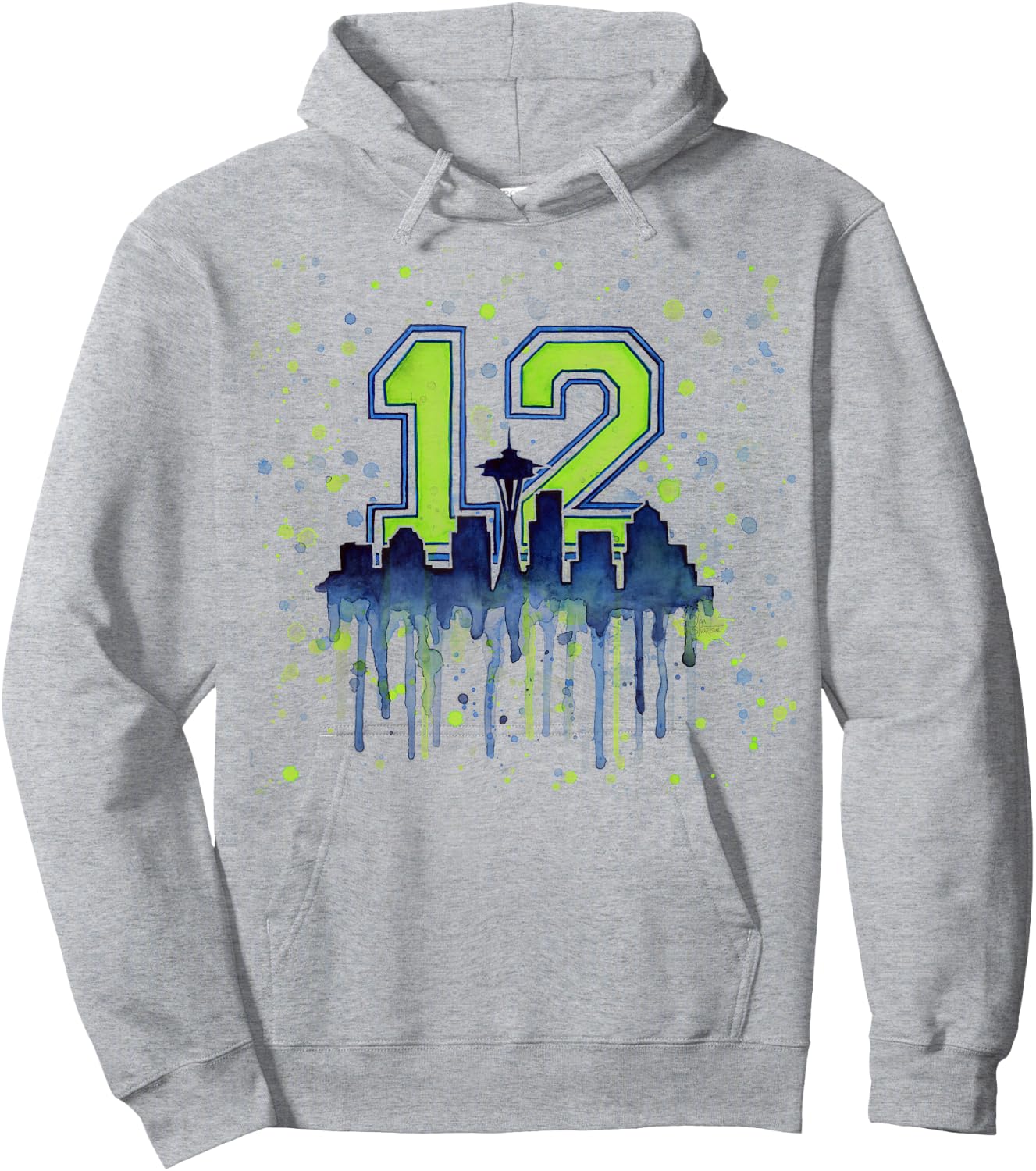 Seattle 12th Man | Space Needle Skyline Watercolor Hoodie - Hoodie | Ash