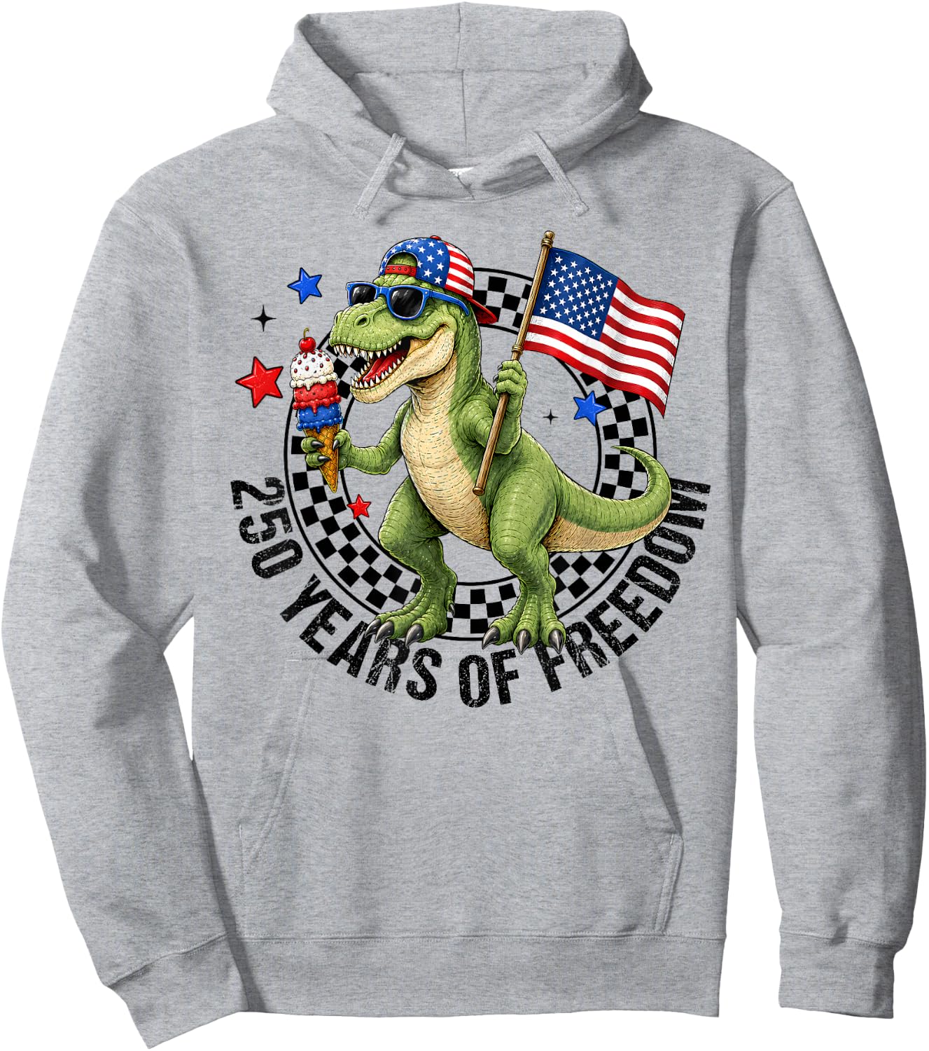 Boy 4th of July T-Rex Happy 250 America 1776-2026 Dinosaur Hoodie - Hoodie | Ash