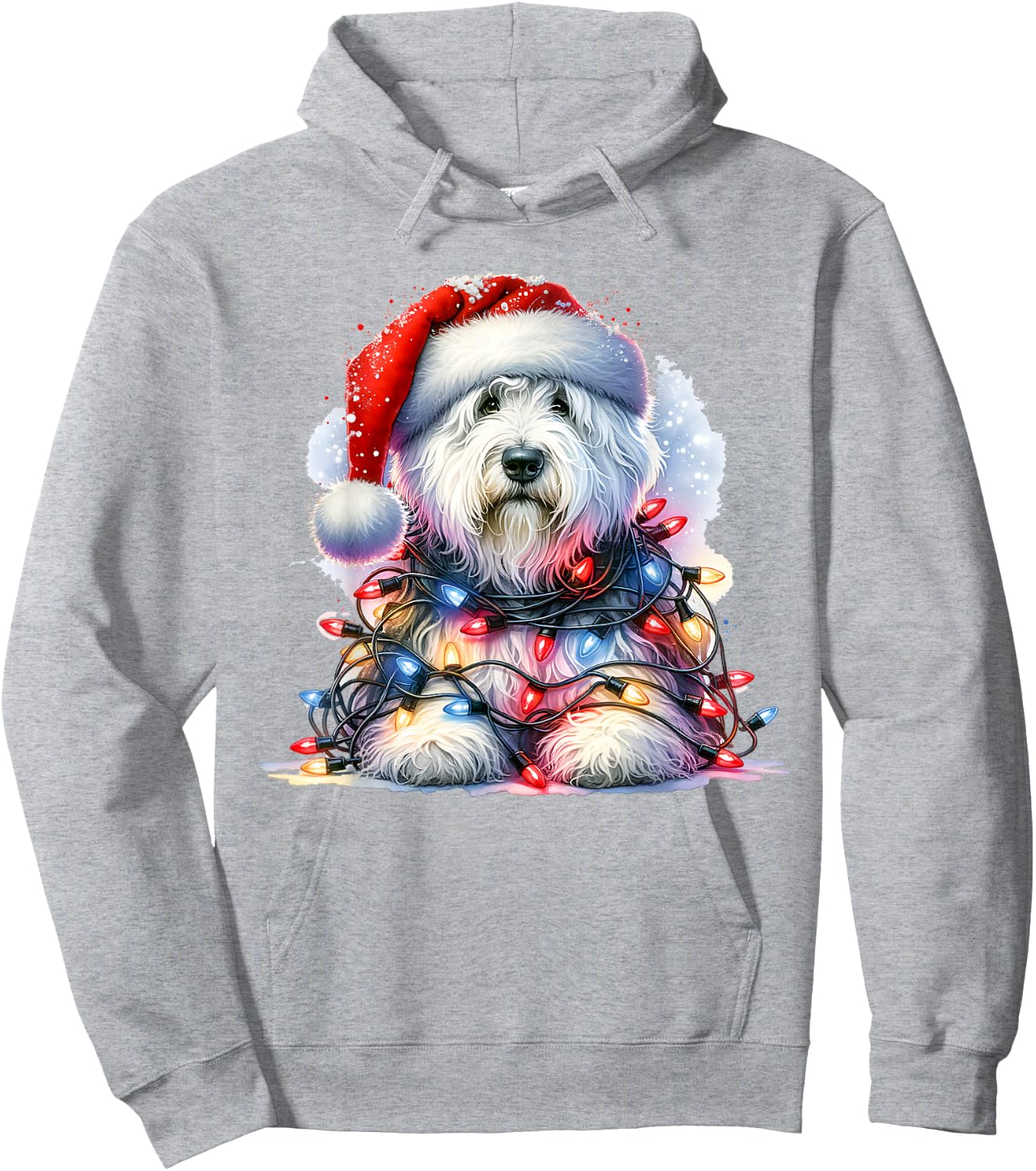 Cute Old English Sheepdog Santa Hat Christmas Lights Winter Hoodie - Hoodie | Ash