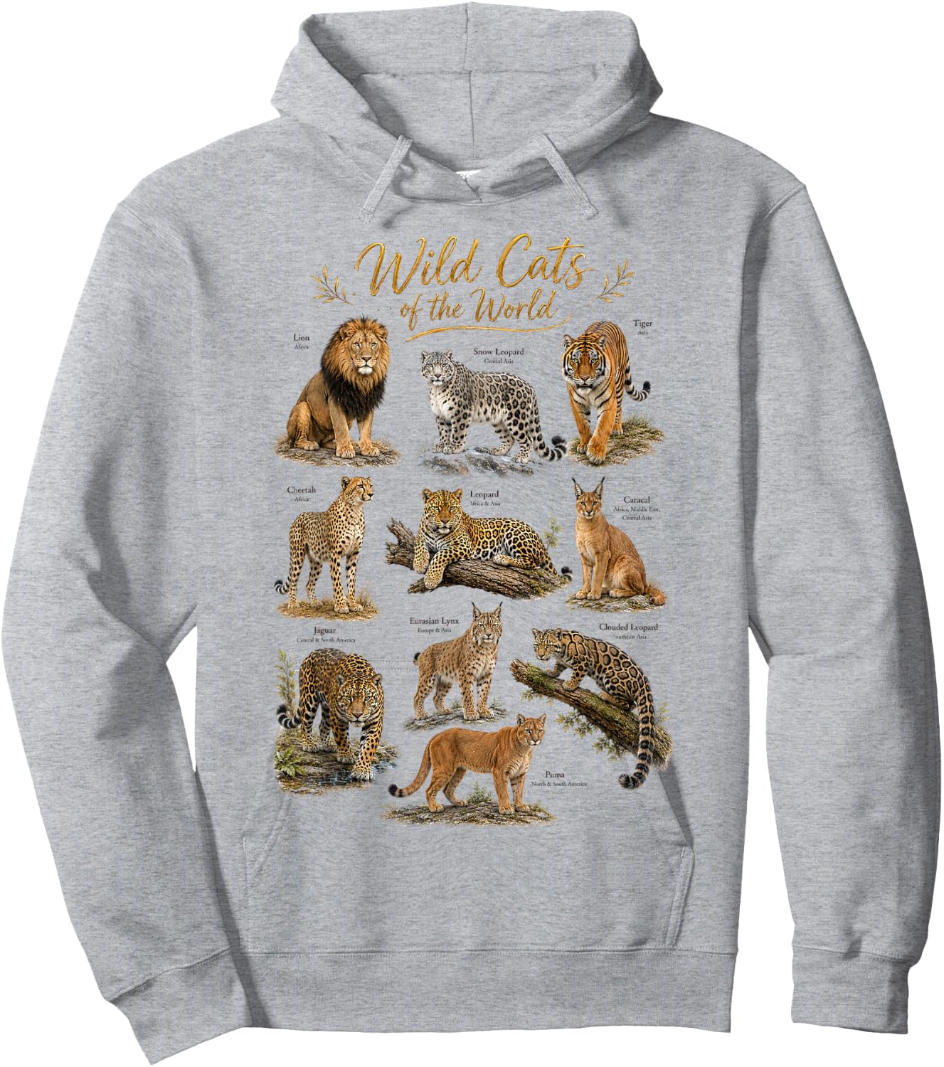 Wild Cats of The World Educational Wild Life Safari Animals Hoodie - Hoodie | Ash