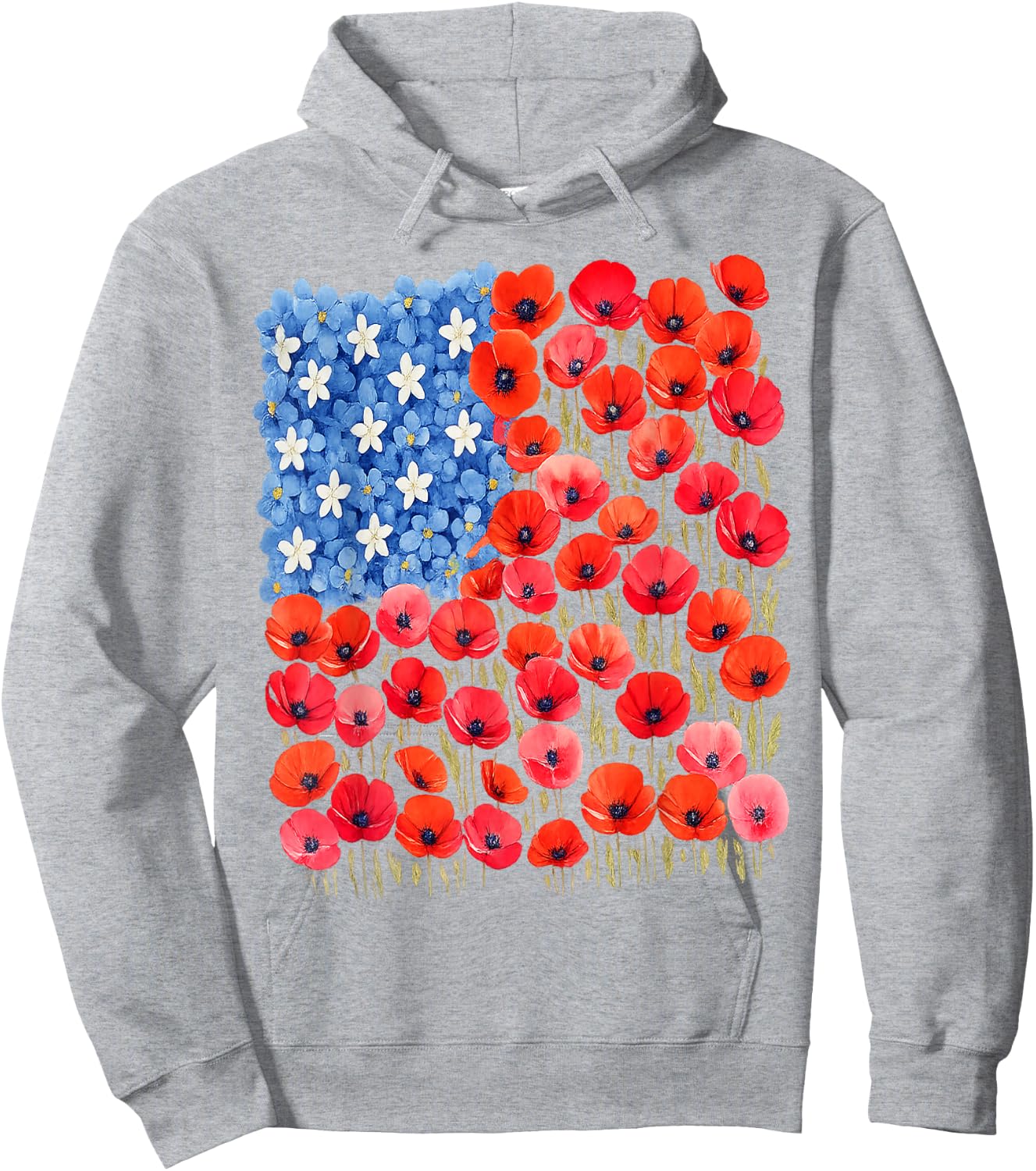 Patriotic Poppies & Hydrangeas Flowers in Floral US Flag Hoodie - Hoodie | Ash
