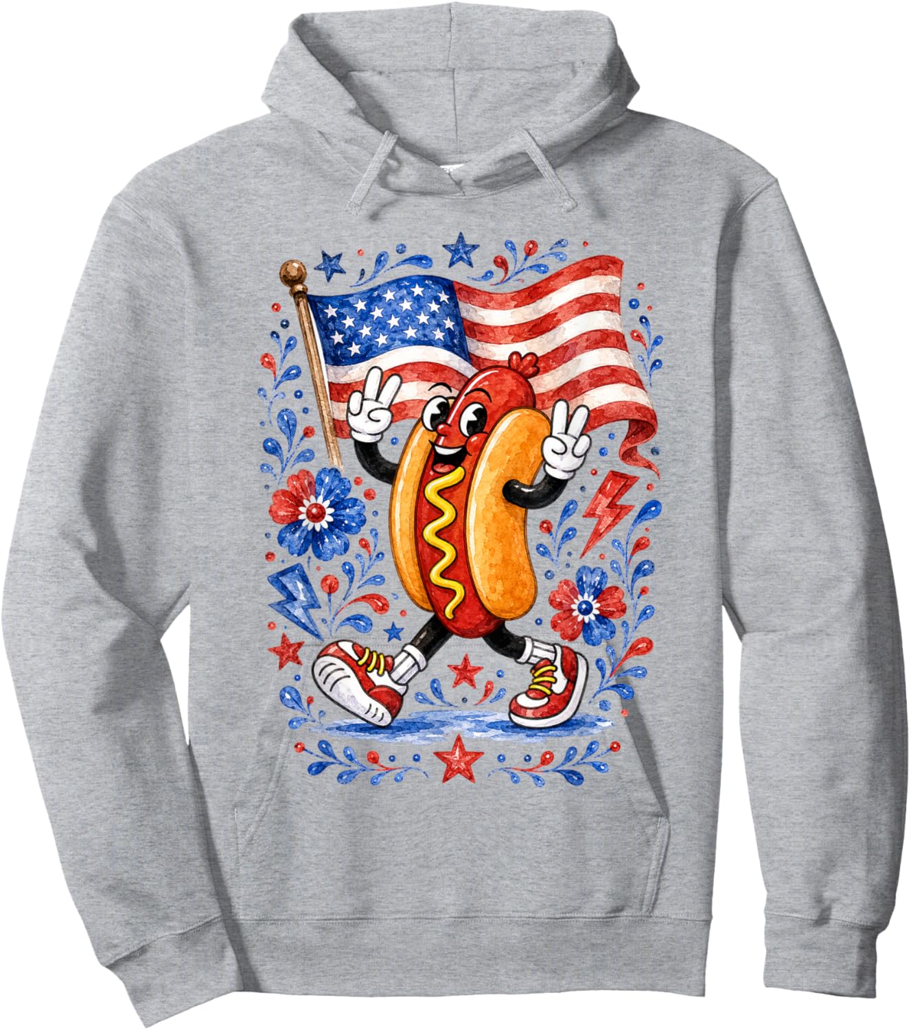 Patriotic Hot Dog Peace Sign USA Flag 4th of July Hoodie - Hoodie | Ash