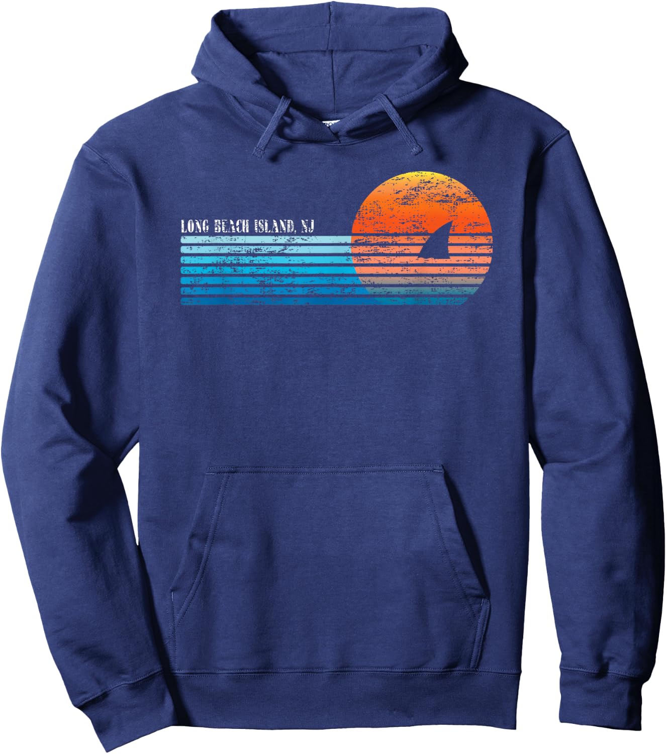Vintage Long Beach Island, NJ Retro 80s Shark Fin Sunset Women Hoodie - Hoodie | Navy