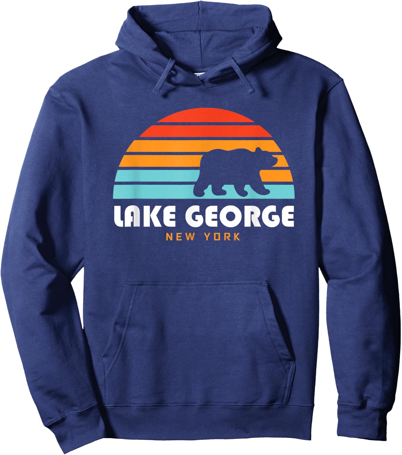 Lake George NY Adirondacks Retro Sunset Bear Hoodie - Hoodie | Navy