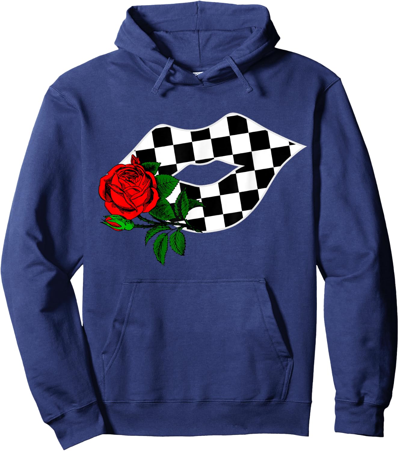 Checkered Lips Kiss With Red Rose Flower Racing Hoodie - Hoodie | Navy