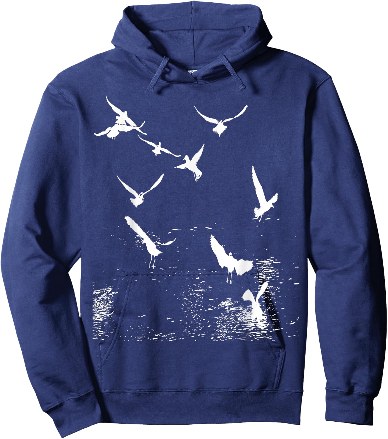 White Silhouette Of A Flock Of Seagulls Over Water Hoodie - Hoodie | Navy