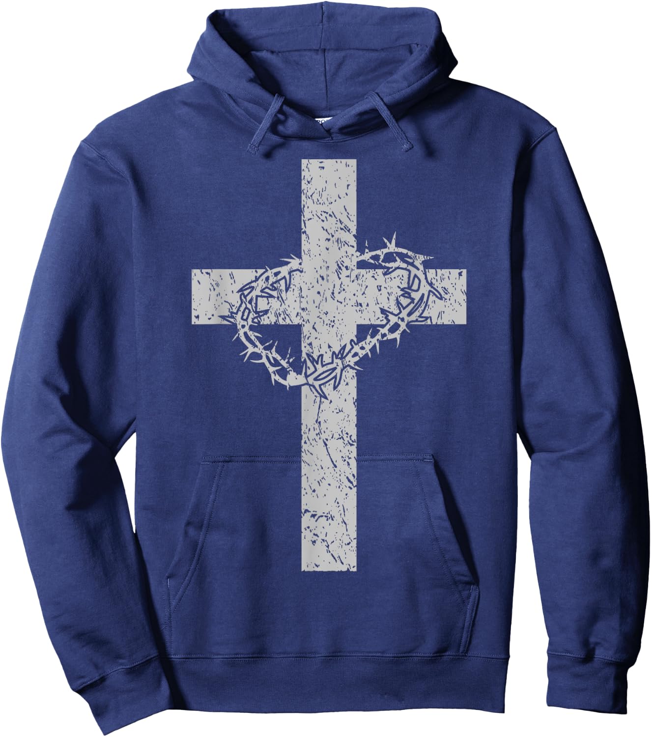Vintage Distressed Cross & Crown of Thorns Christian Hoodie - Hoodie | Navy