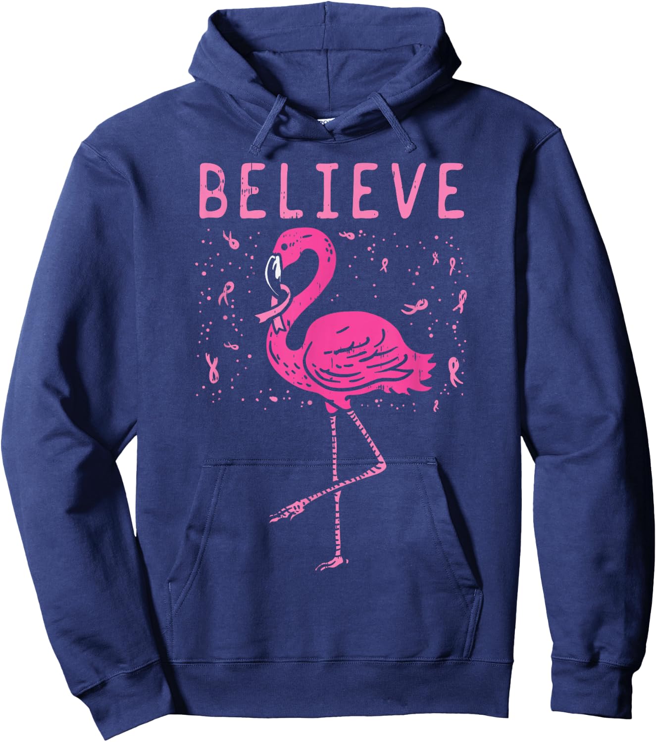 Believe Flamingo Pink Ribbon Breast Cancer Awareness Gift Hoodie - Hoodie | Navy