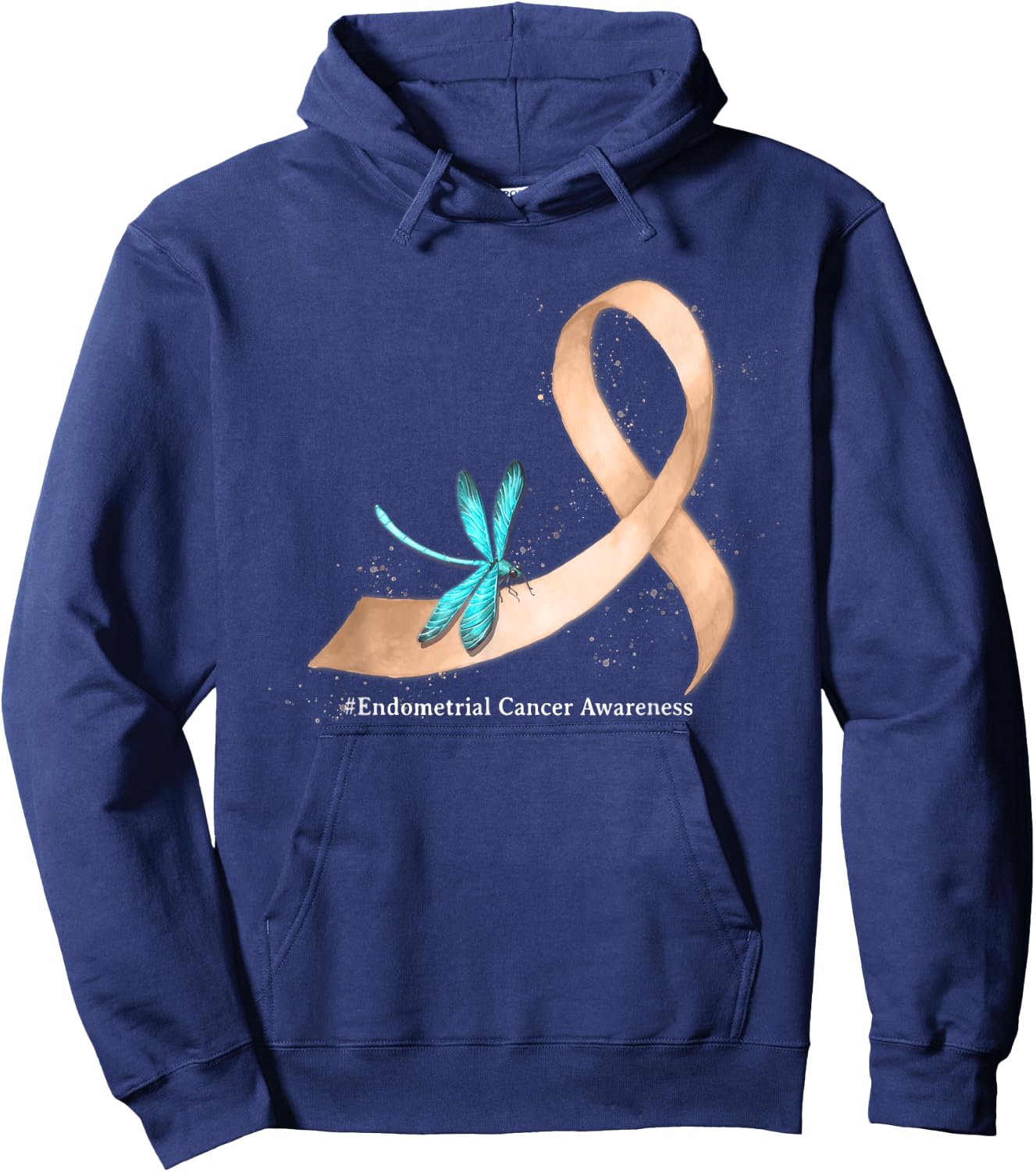 Hippie Dragonfly Peach Ribbon Endometrial Cancer Awareness Hoodie - Hoodie | Navy
