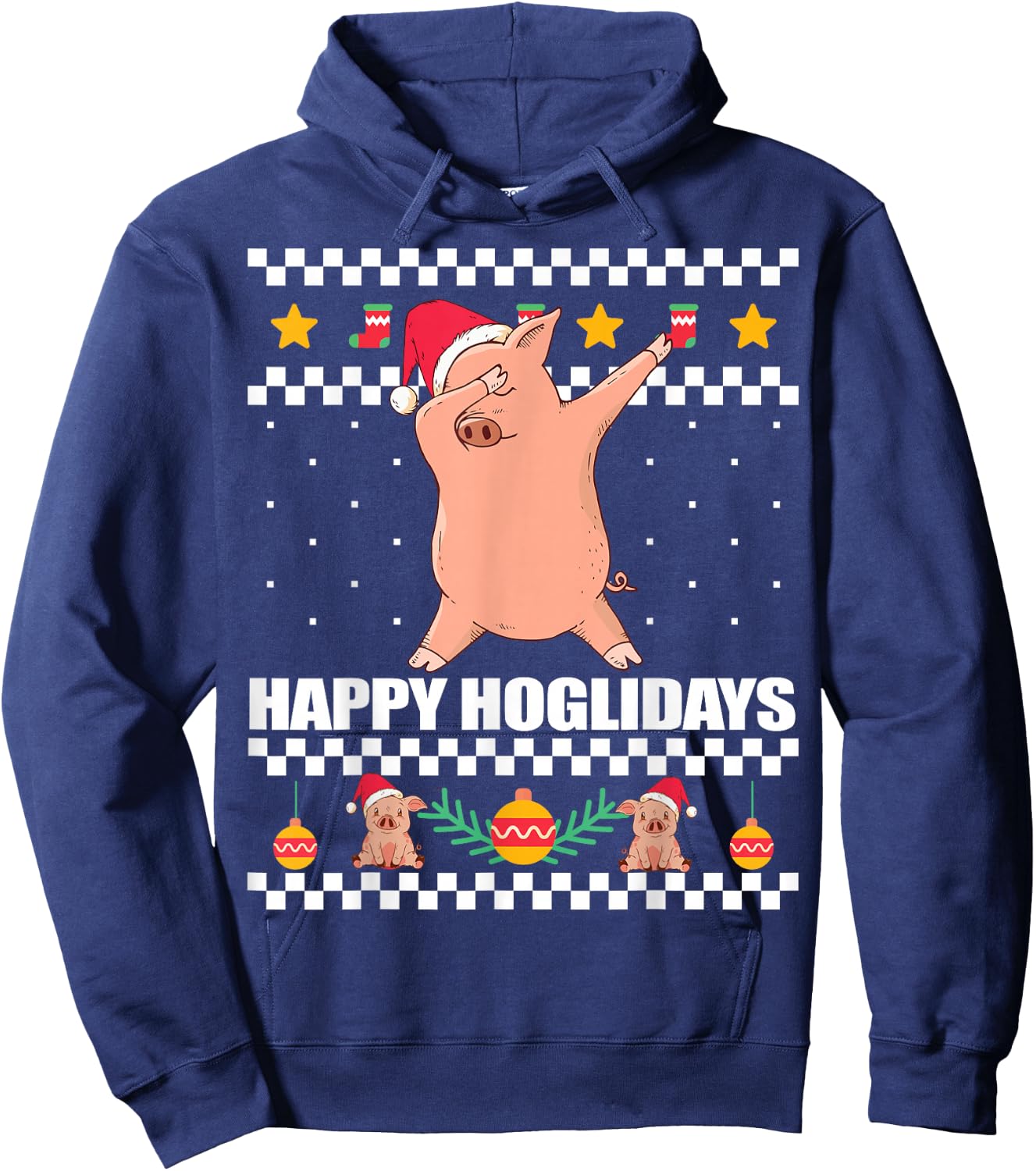 HAPPY HOGLIDAYS Ugly Christmas Sweater Xmas Pig Dabbing Meme Hoodie - Hoodie | Navy