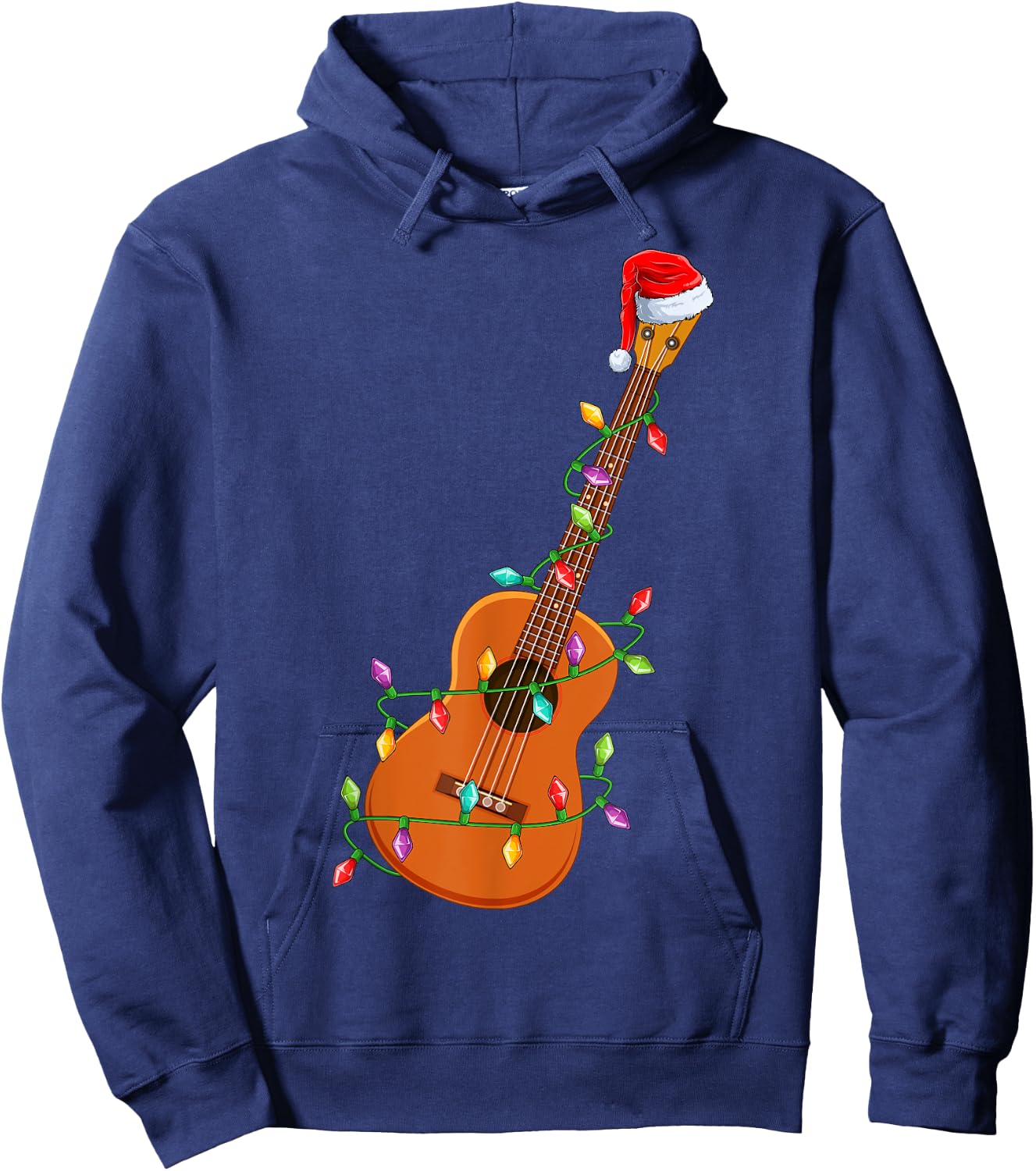 Xmas Lights Santa Hat Musical Ukulele Guitar Christmas Hoodie - Hoodie | Navy