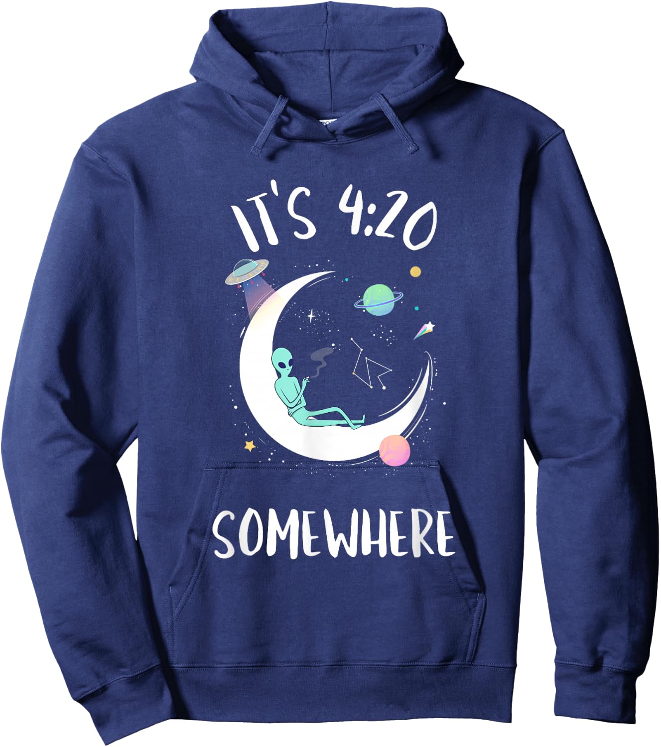 Funny Weed Joint Smoking Moon Alien | It's 4:20 Somewhere Hoodie - Hoodie | Navy