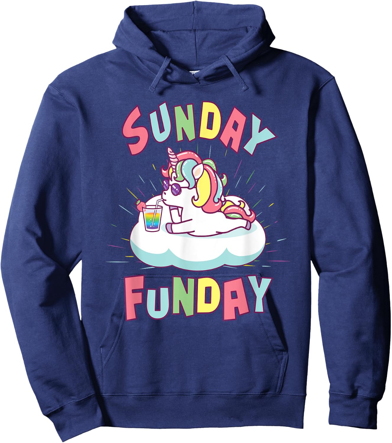 Sunday Funday Shirts Women Cute Unicorn Drinking Rainbow Hoodie - Hoodie | Navy