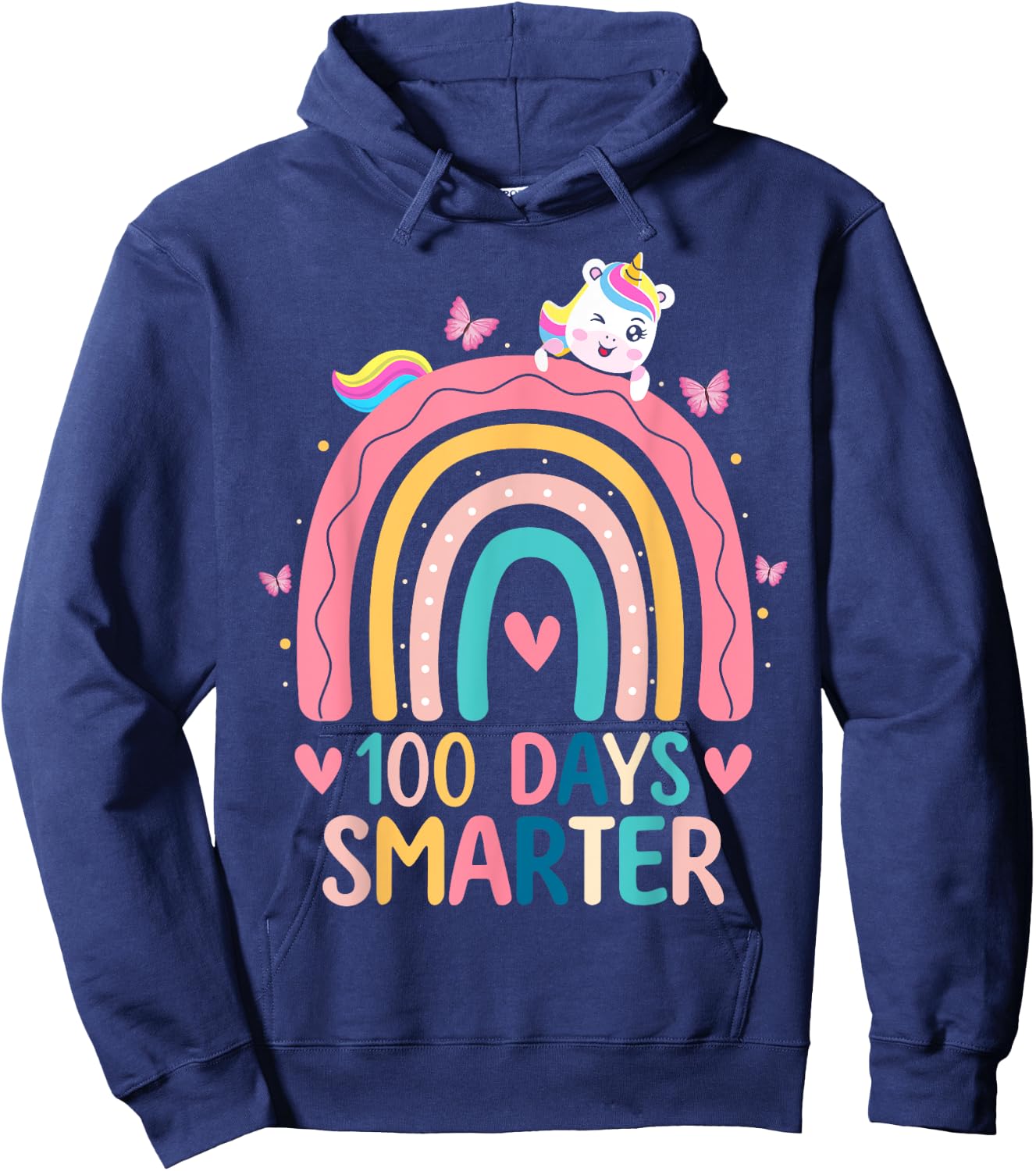 100 Days Smarter Rainbow Unicorn Girls 100th Day of School Hoodie - Hoodie | Navy