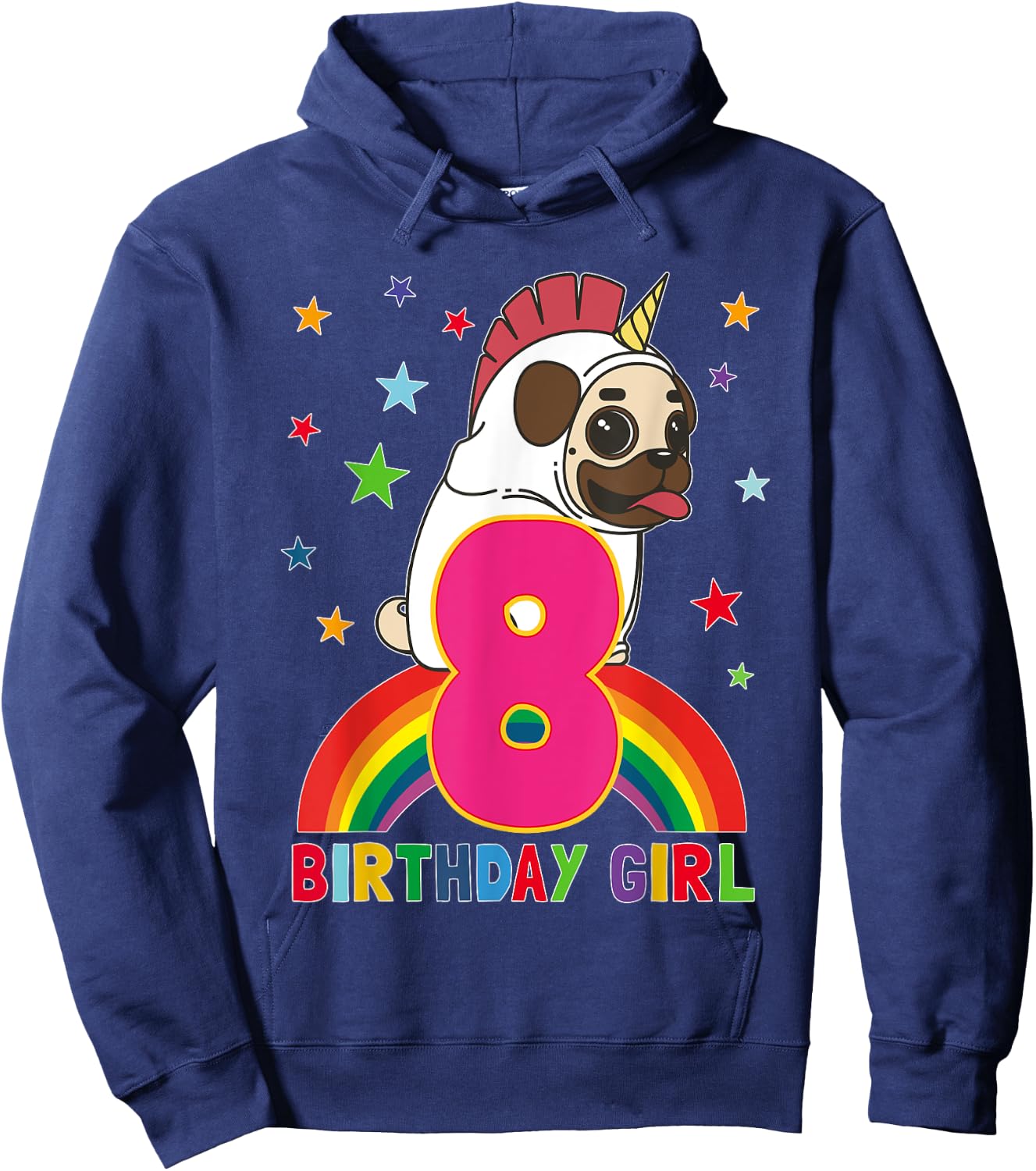 Pug 8th Birthday 8 Year Old Girl Unicorn Pugicorn Party Gift Hoodie - Hoodie | Navy