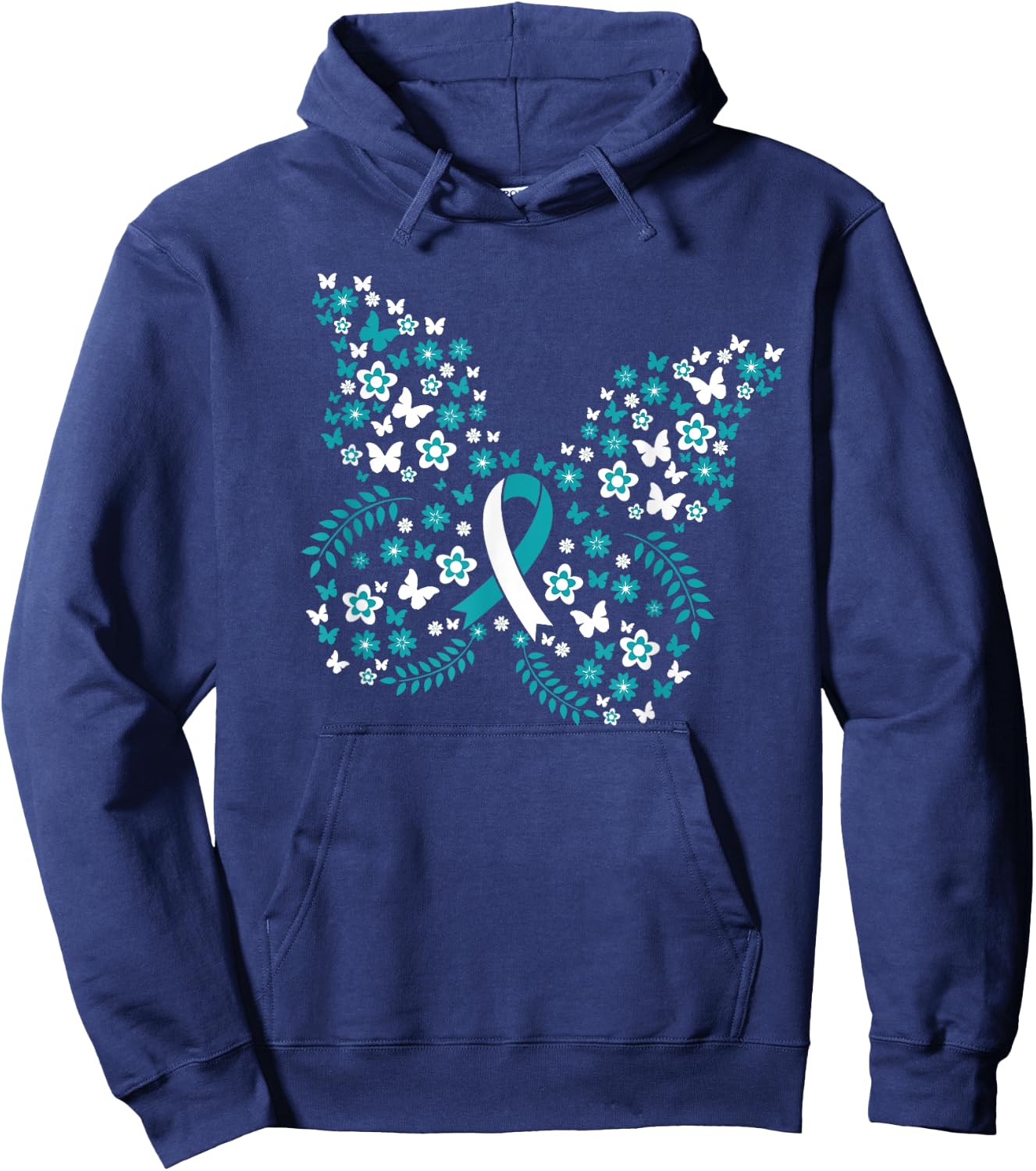 Flower Butterfly Cervical Cancer Awareness Ribbon Gifts Hoodie - Hoodie | Navy