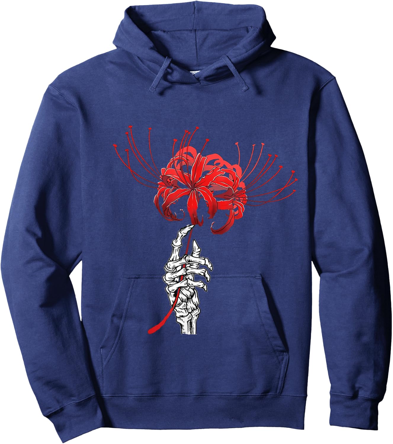 Skeleton Hand Holding Red Spider Lily Aesthetic Red Flower Hoodie - Hoodie | Navy