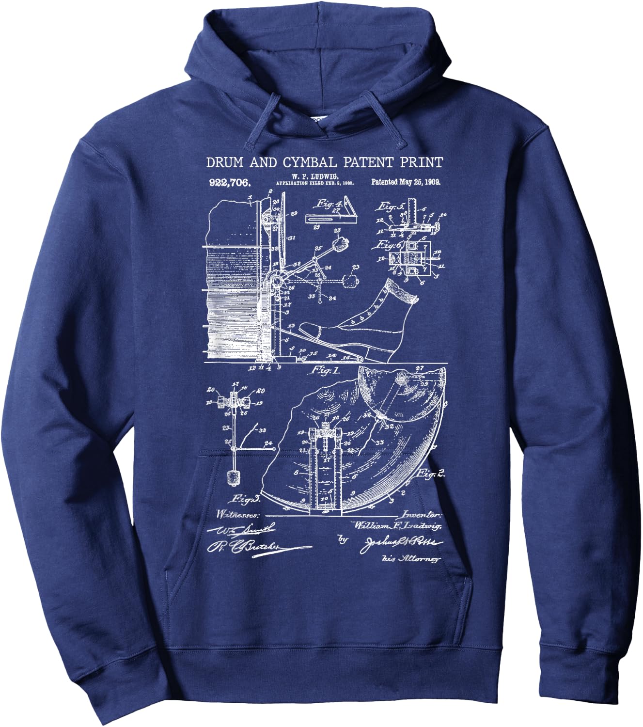 Drum And Cymbal Patent Print 1909 - Vintage Patent Music Art Hoodie - Hoodie | Navy