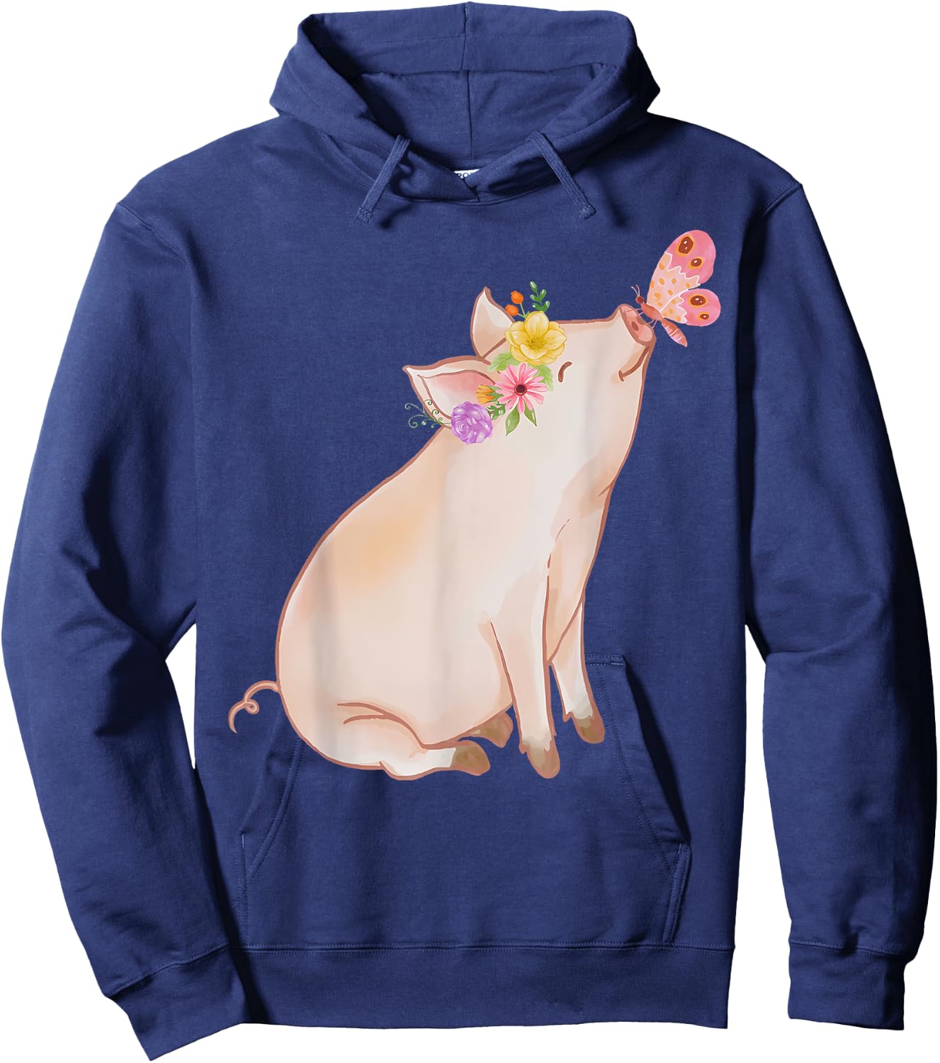 Watercolor Pink Pig With Floral And Butterfly Farm Design Hoodie - Hoodie | Navy