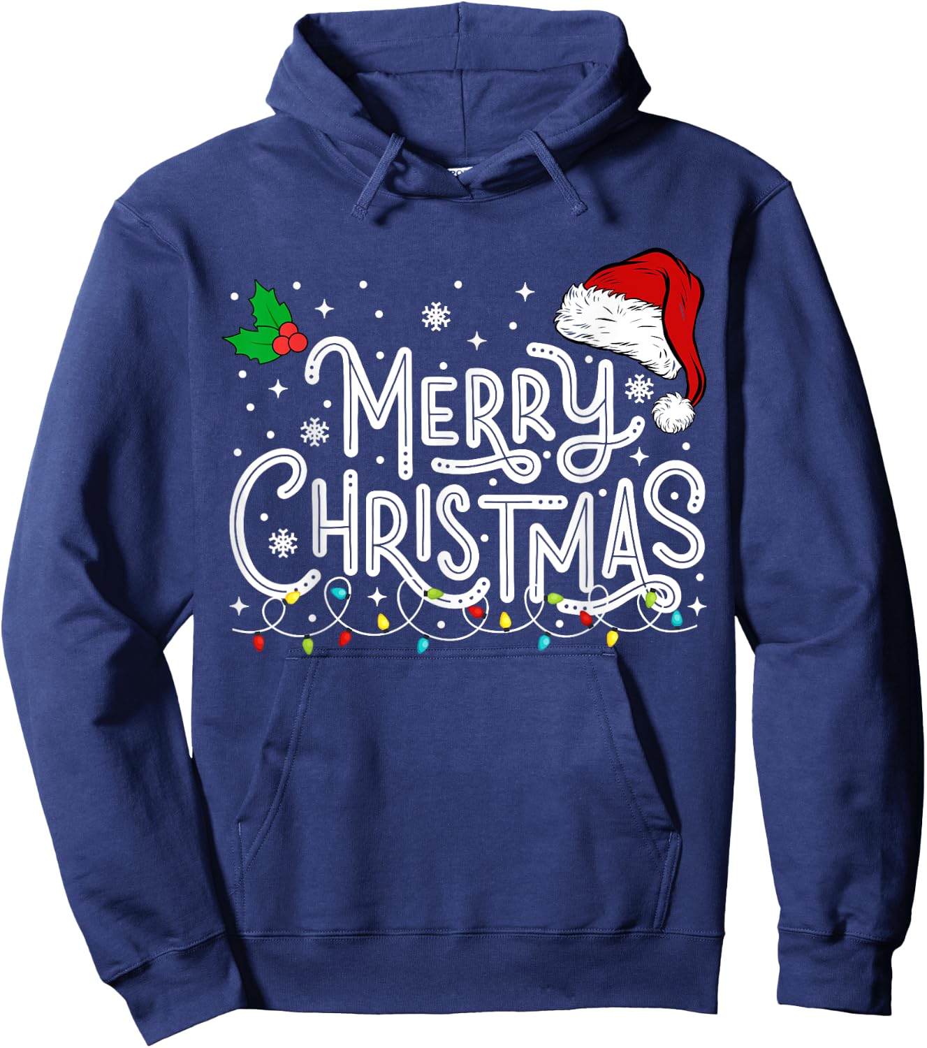 Merry Christmas Lights Red Santa Hat Xmas Family Men Women Hoodie - Hoodie | Navy