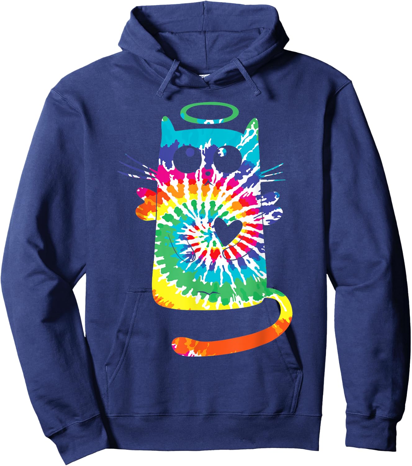 Fun Cat Hippie Rainbow Tie Dye Angel Cat with Heart and Halo Women Kids Hoodie - Hoodie | Navy