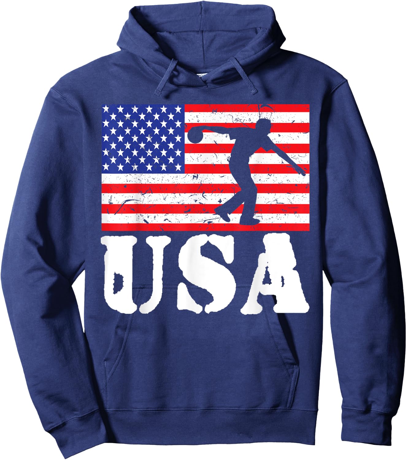 Distressed Bowling USA American Flag Vintage Bowler Player Women Girls Kids Men Hoodie - Hoodie | Navy
