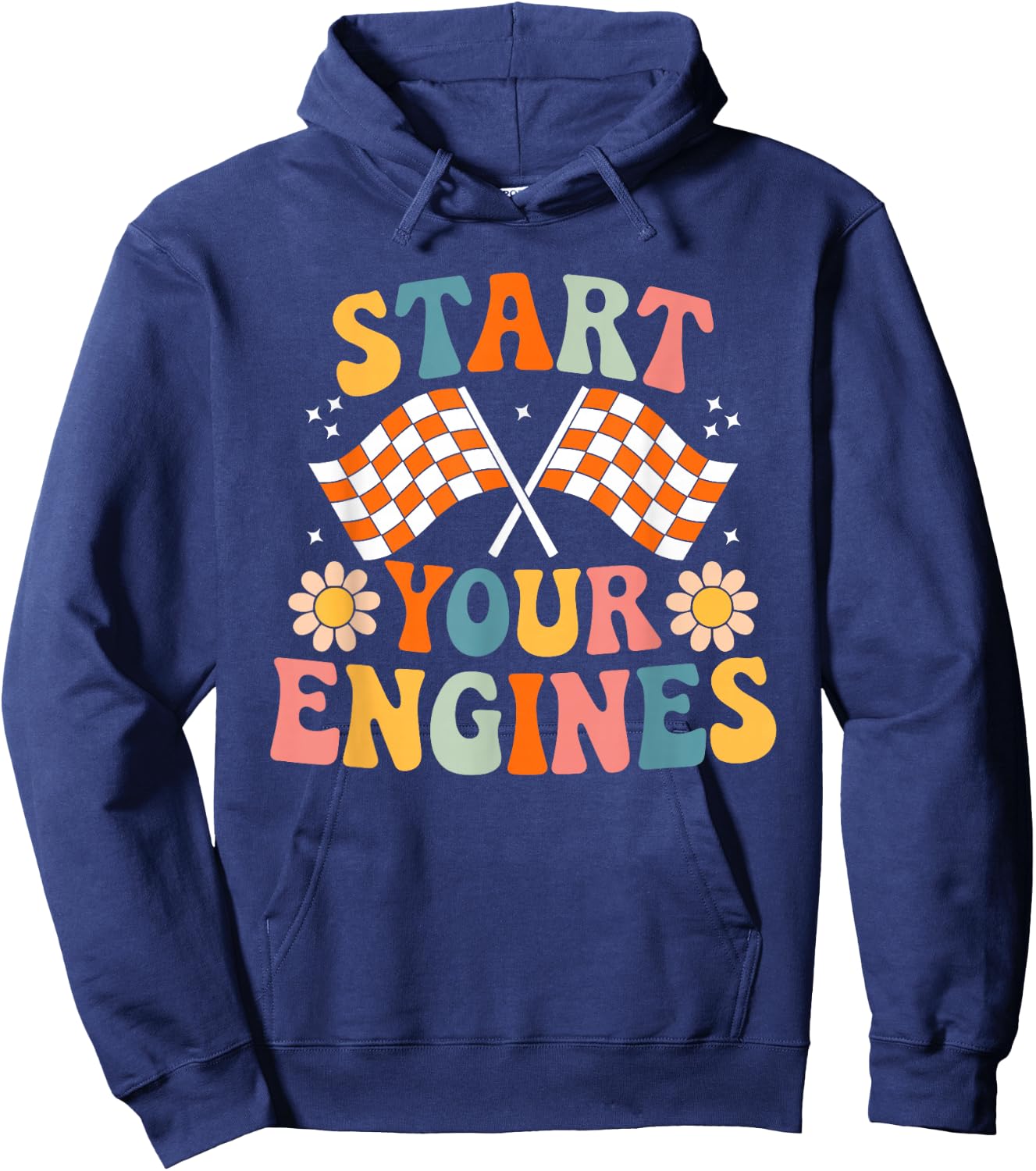 Groovy Start Your Engines Retro Checkered Flag Race Car Hoodie - Hoodie | Navy
