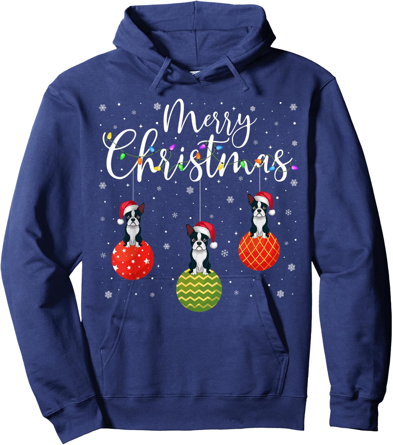 Merry Christmas Lights Santa Hat Boston Terrier Ugly Xmas Hoodie - Hoodie | Navy