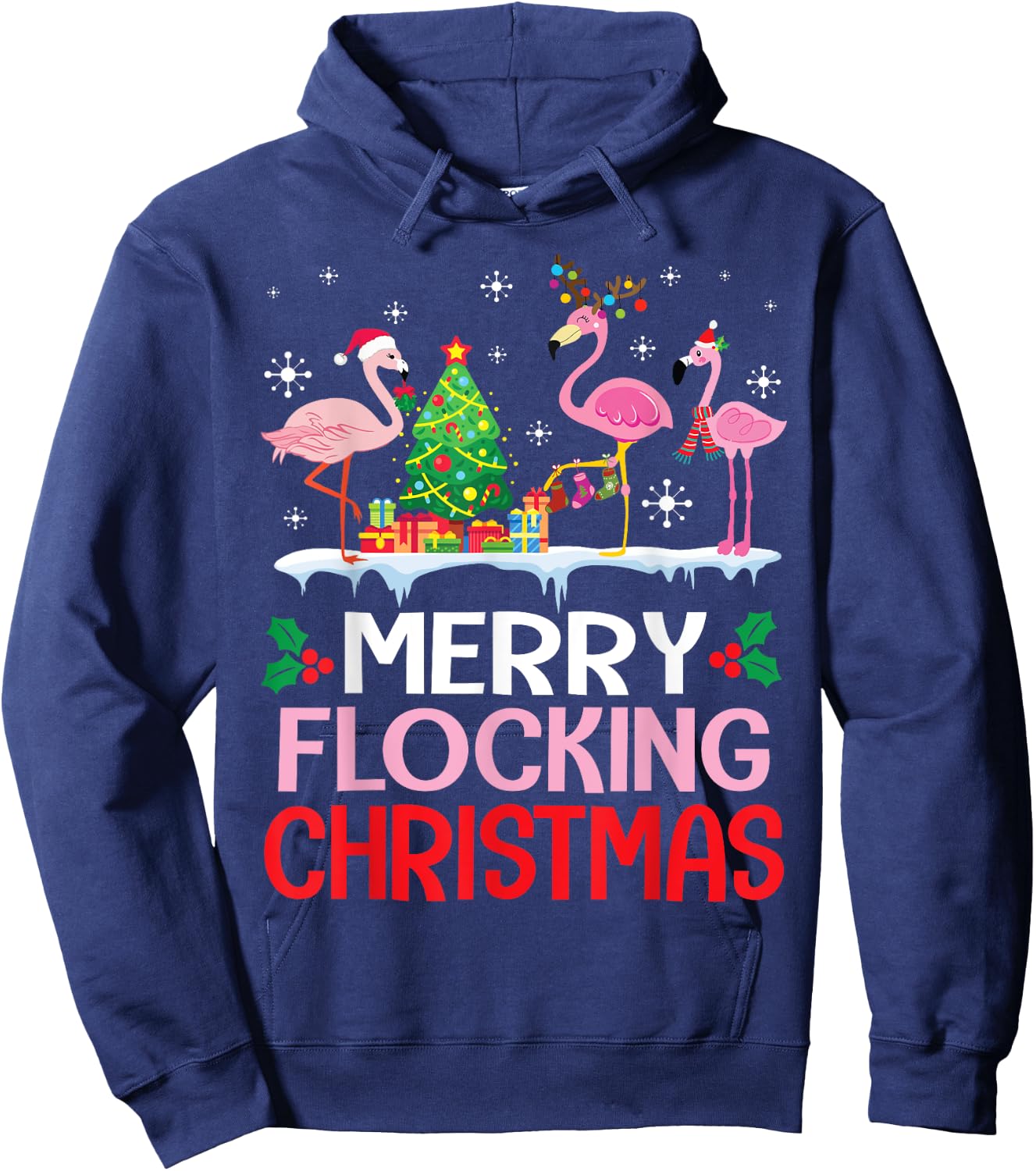 Flamingo Noel Hats Dancing On Snow Merry Flocking Christmas Hoodie - Hoodie | Navy