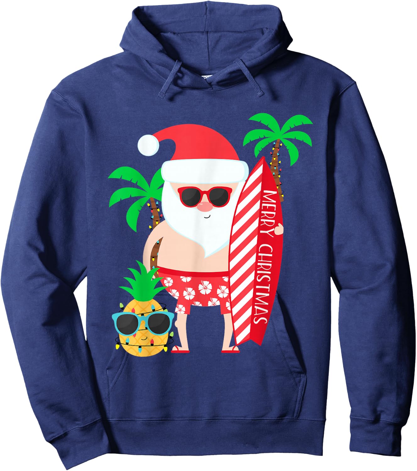 Santa Surfing Hawaiian Beach Christmas in July Tropical Hoodie - Hoodie | Navy