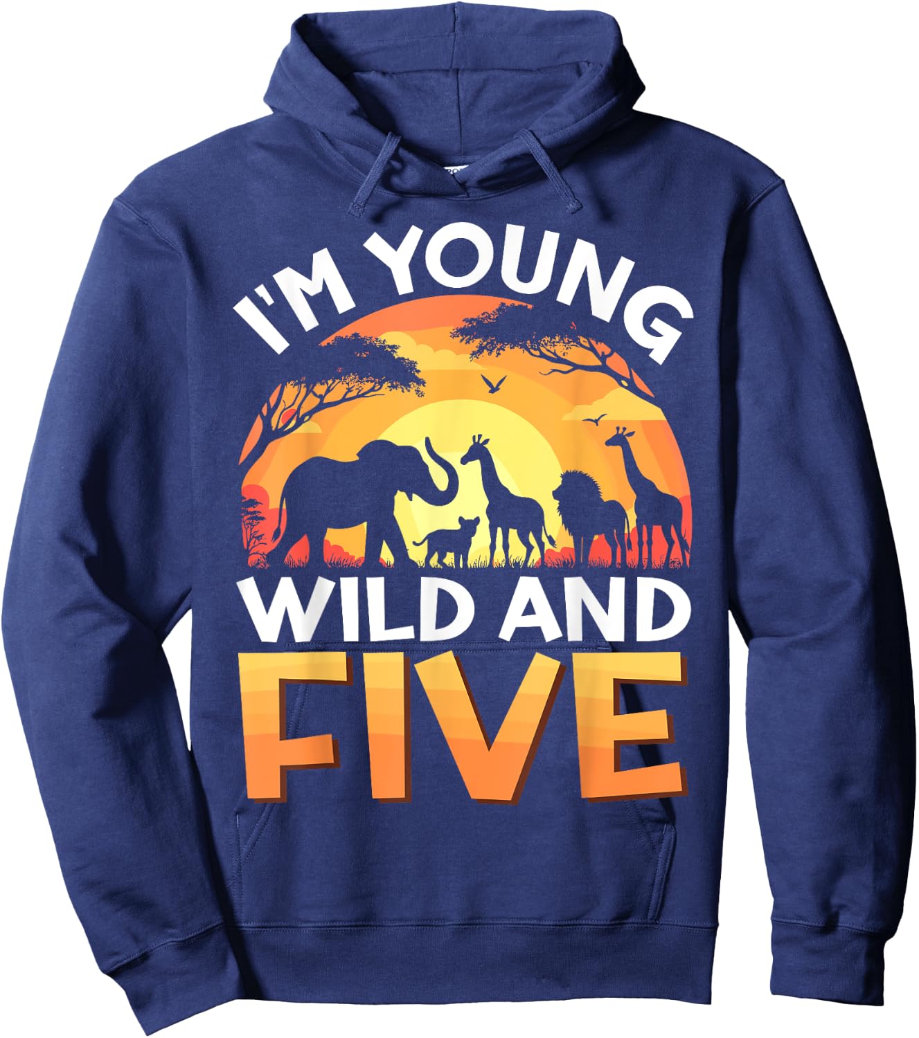 Young Wild and Five Kids 5th Birthday Safari Zoo Animals Hoodie - Hoodie | Navy