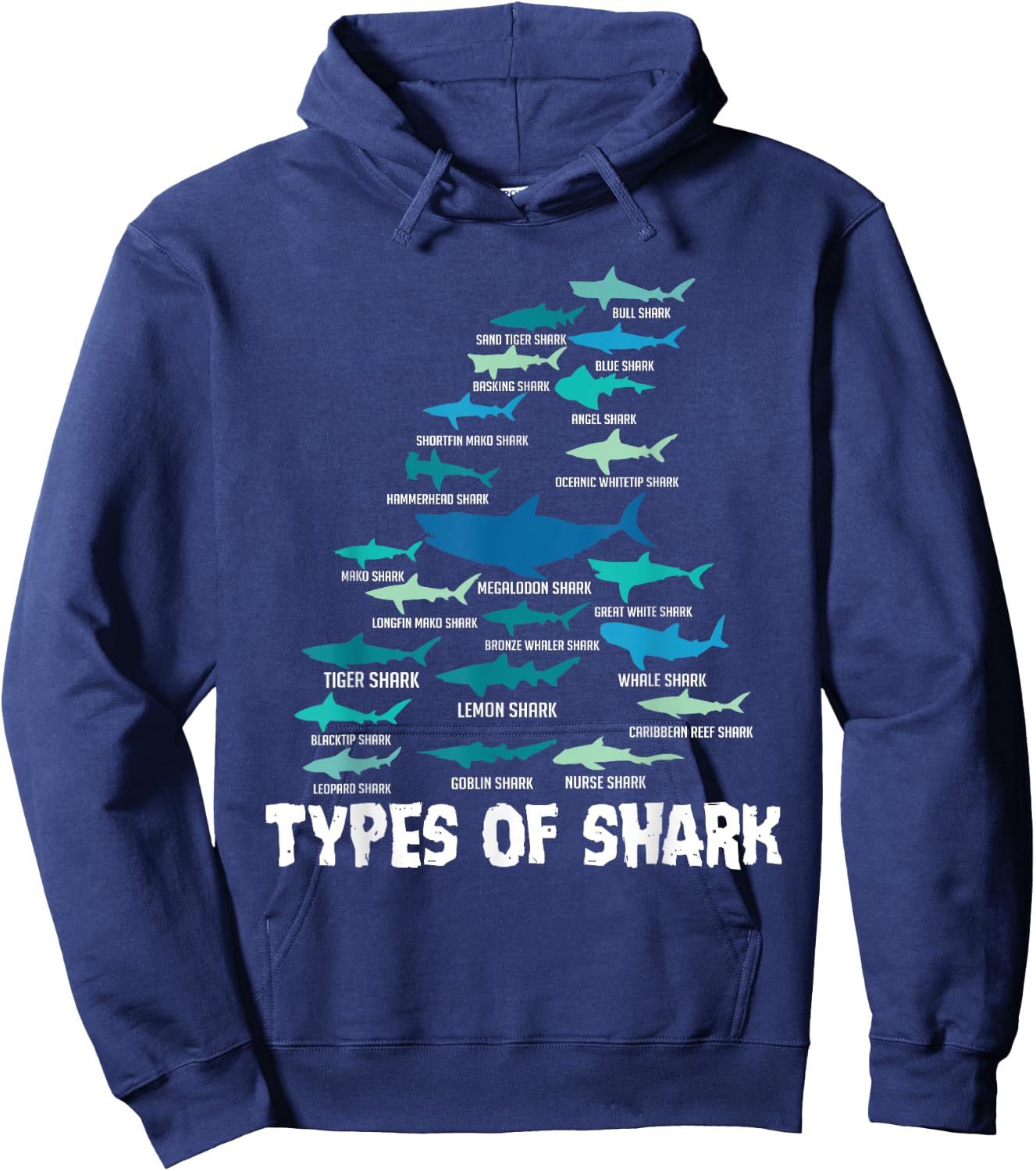 Types of Shark Megalodon Great White Nurse Shark Hoodie - Hoodie | Navy