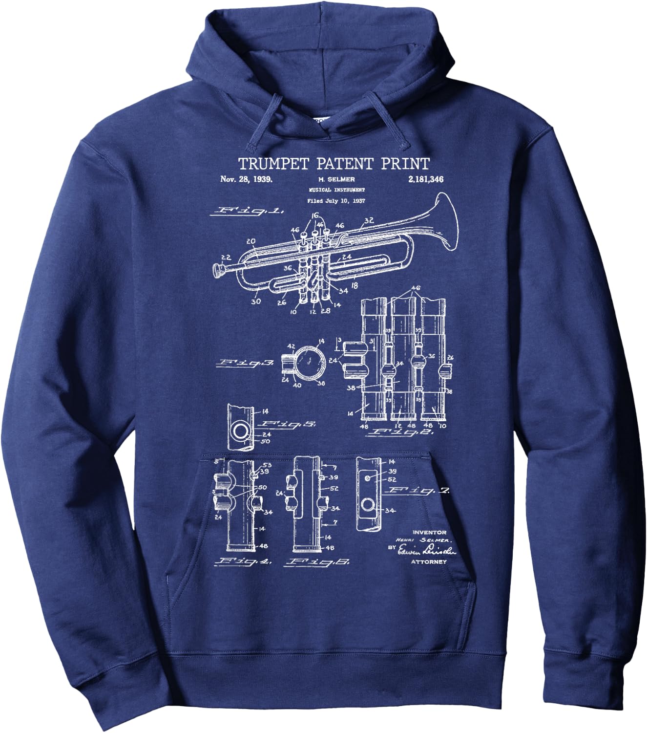 Trumpet Patent Print 1939 - Vintage Patent Music Hoodie - Hoodie | Navy