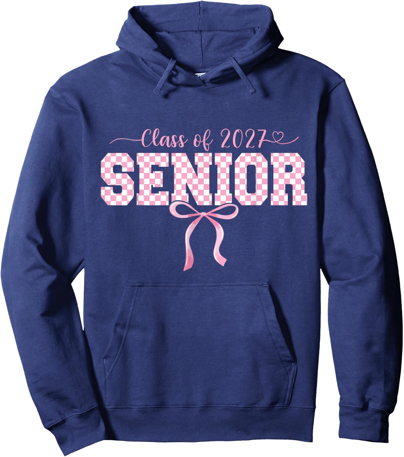 Senior Class of 2027 High School Checkered Pink Bow College Hoodie - Hoodie | Navy