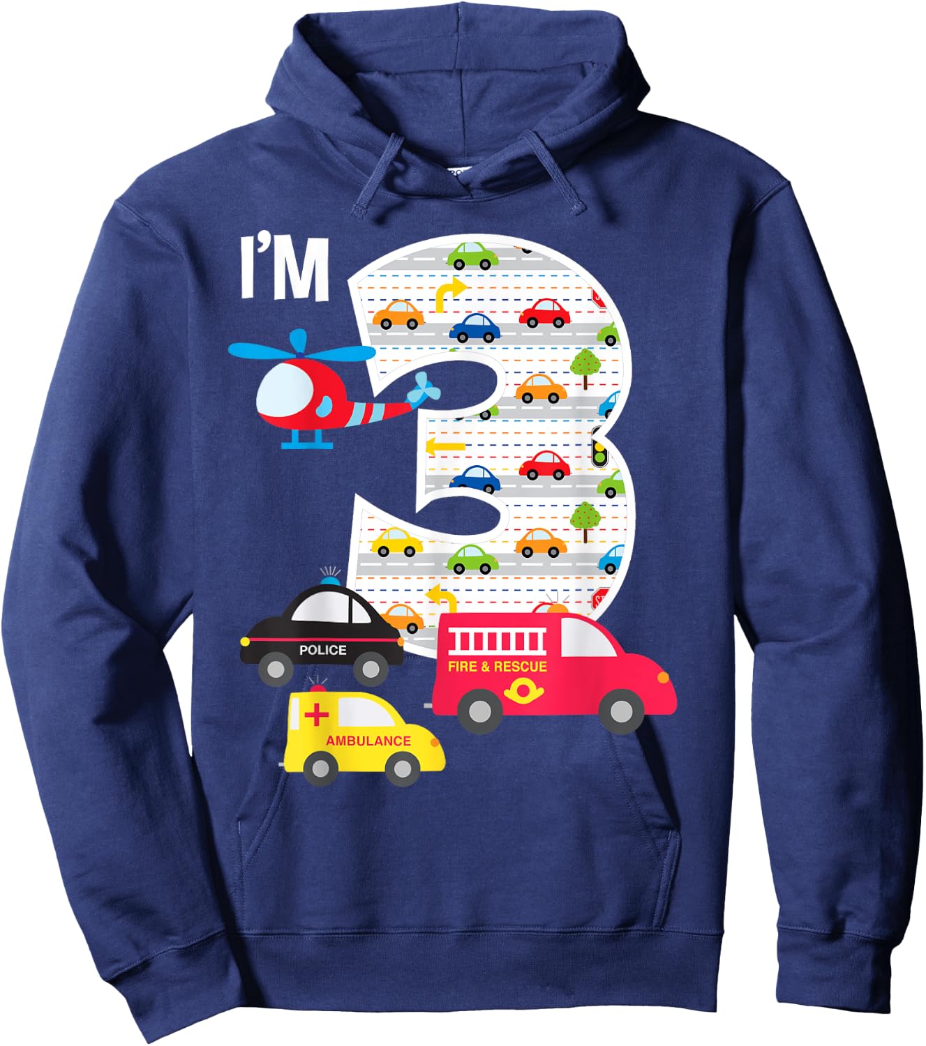 3rd Birthday Fire Truck Police Car 3 Year Old Boys Hoodie - Hoodie | Navy