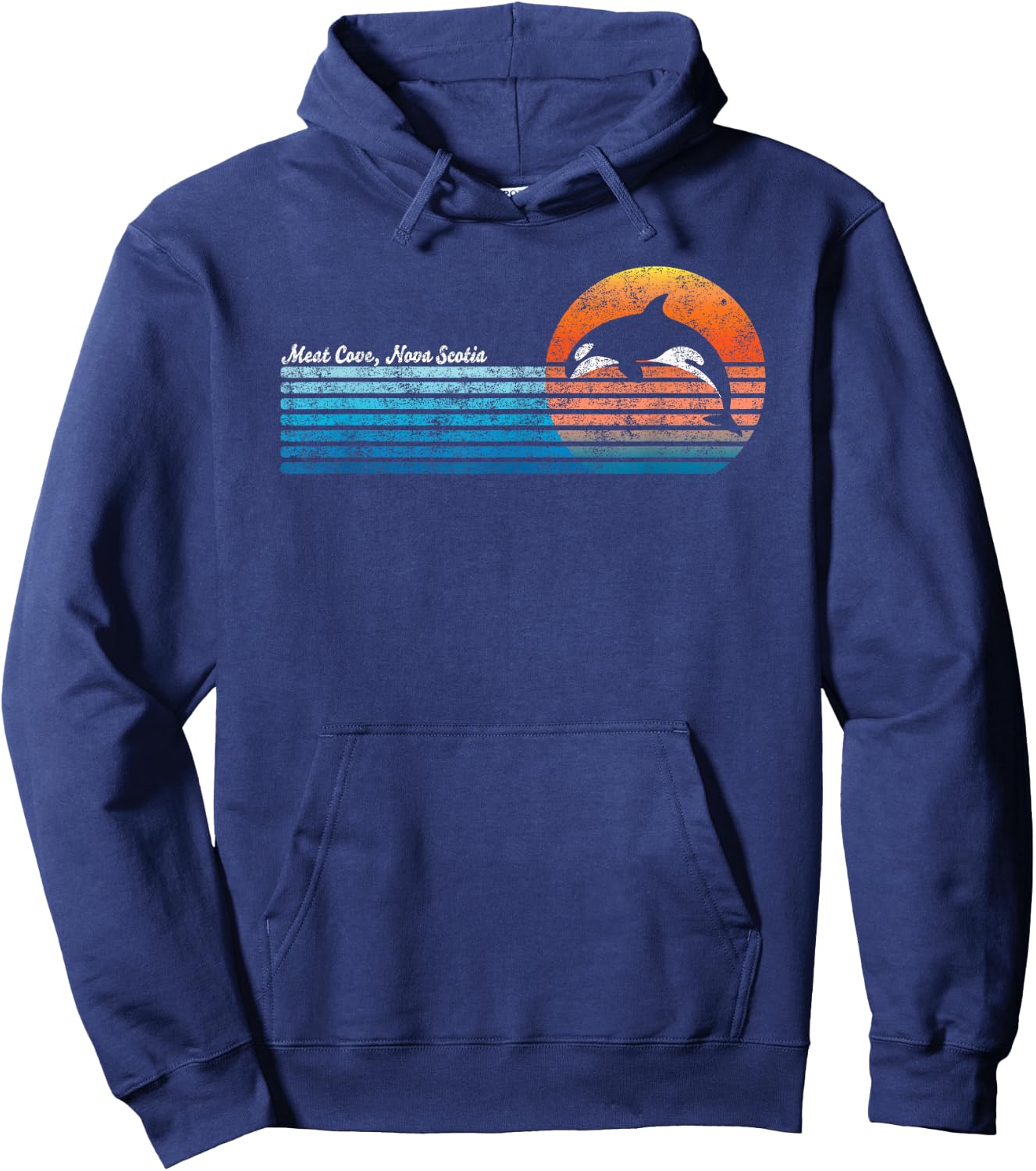 Vintage Meat Cove, Nova Scotia Retro 80s Orka Sunset Hoodie - Hoodie | Navy