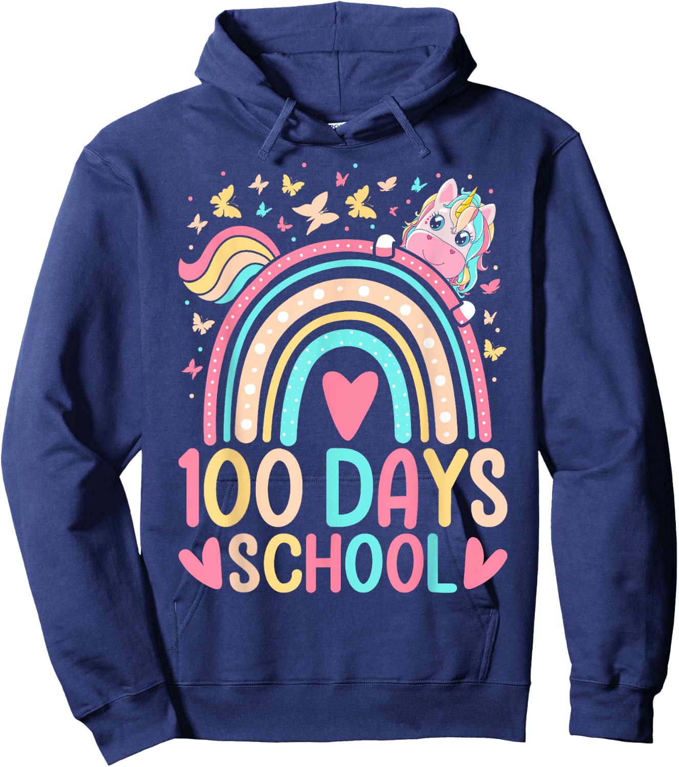 100 Days Of School Unicorn Rainbow Butterfly 100th Day Girls Hoodie - Hoodie | Navy