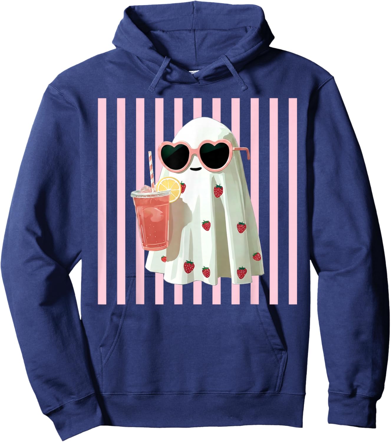 Pink Striped Cute Ghost Summer Fruit Juice Hawaii Summerween Hoodie - Hoodie | Navy