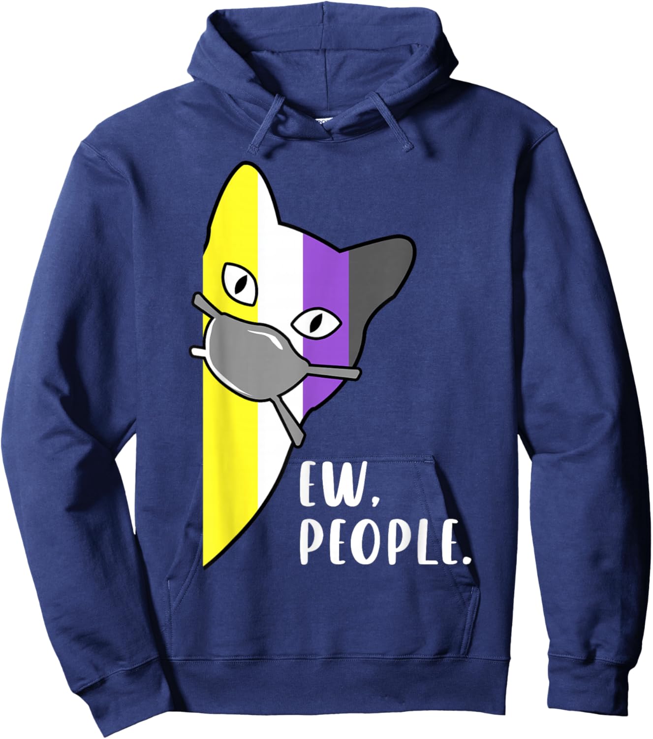 Nonbinary Pride Cat with Mask Ew People Funny Enby Mood Hoodie - Hoodie | Navy