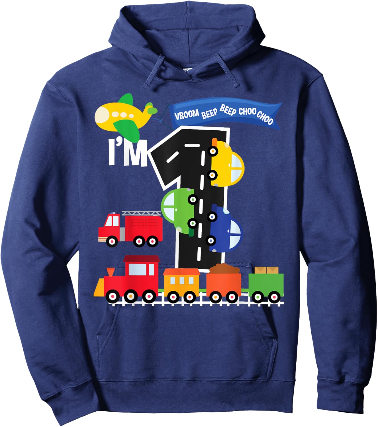 Transportation 1st Birthday Airplane Cars Fire Truck Train Hoodie - Hoodie | Navy