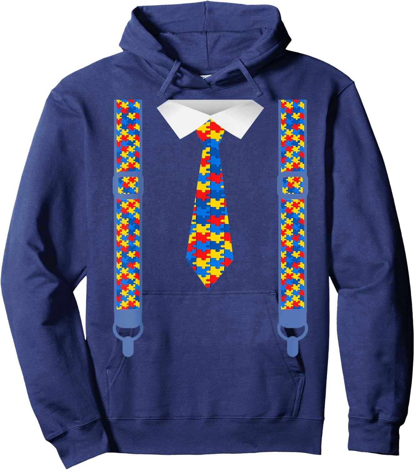 Autism awareness tie and suspenders Puzzle pieces Hoodie - Hoodie | Navy