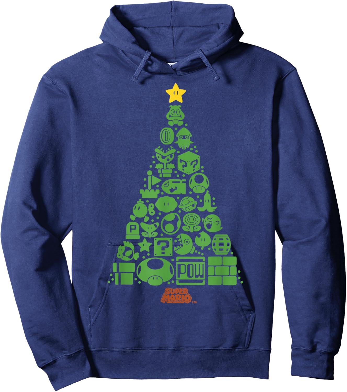 Super Mario Item Characters Christmas Tree Graphic Short Sleeve Black Hoodie - Hoodie | Navy