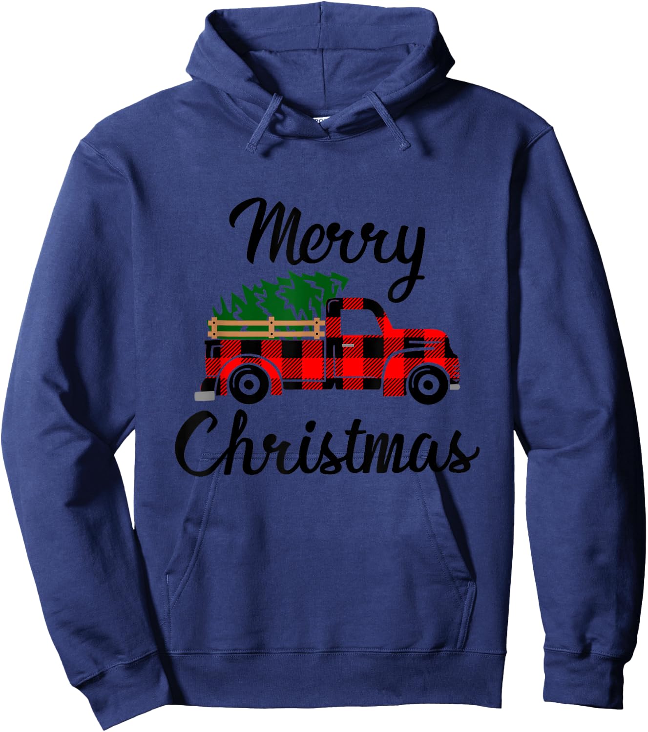 Merry Christmas - Tree On Buffalo Plaid Truck Hoodie - Hoodie | Navy