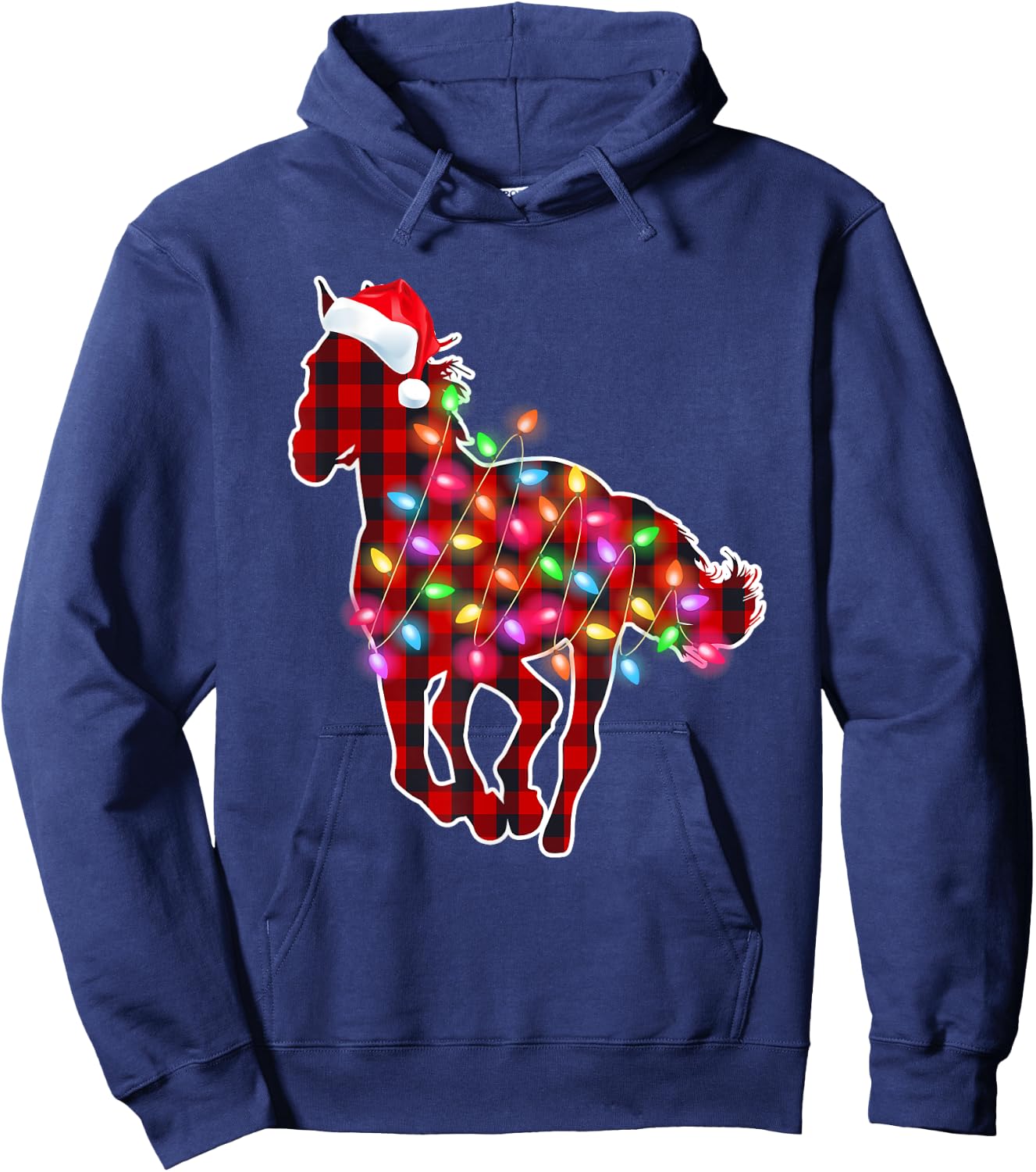 Plaid Buffalo Horse Christmas Pajamas Xmas Lights Women Girl Hoodie - Hoodie | Navy