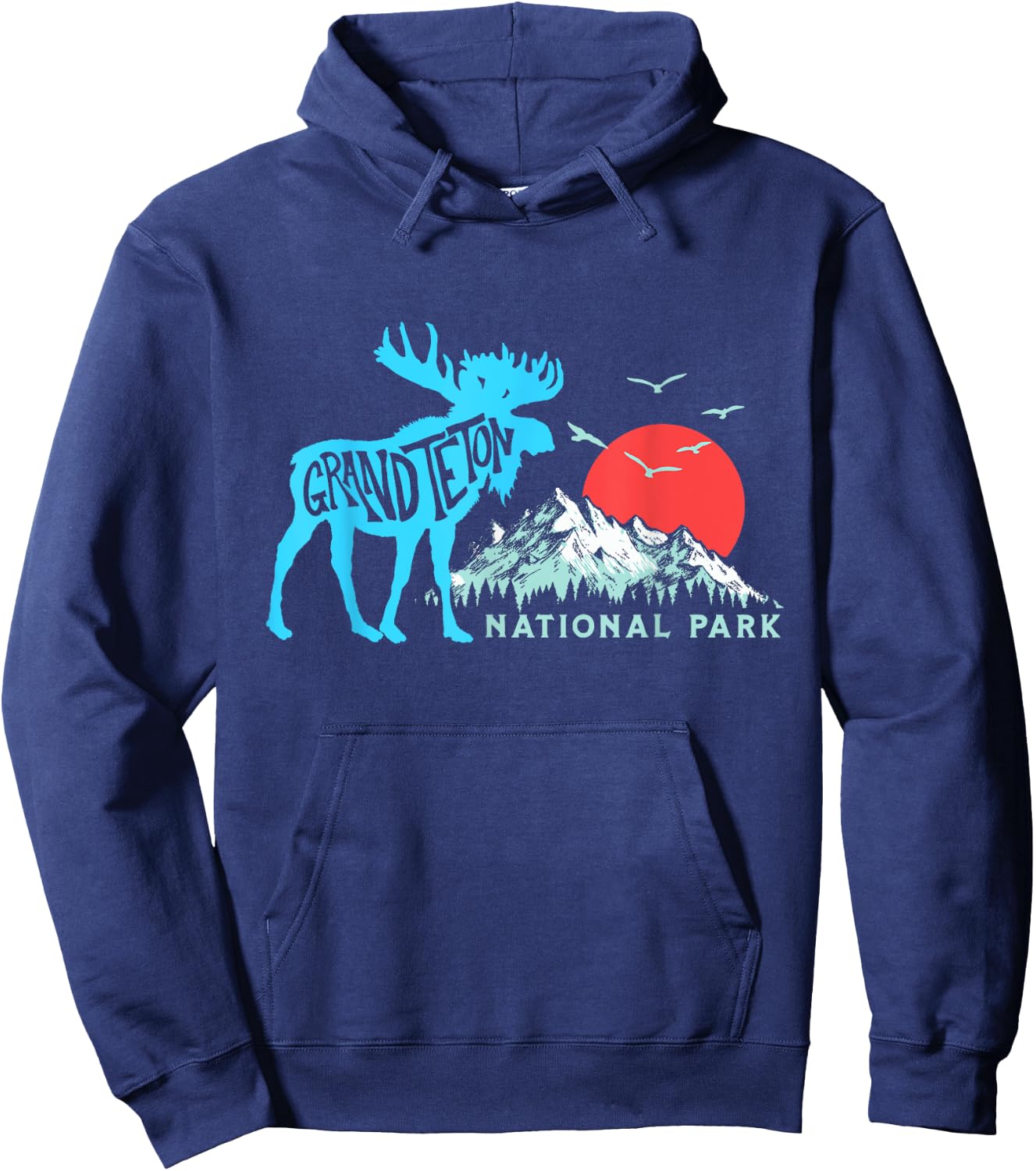 Grand Teton National Park Moose & Mountains Typography Hoodie - Hoodie | Navy